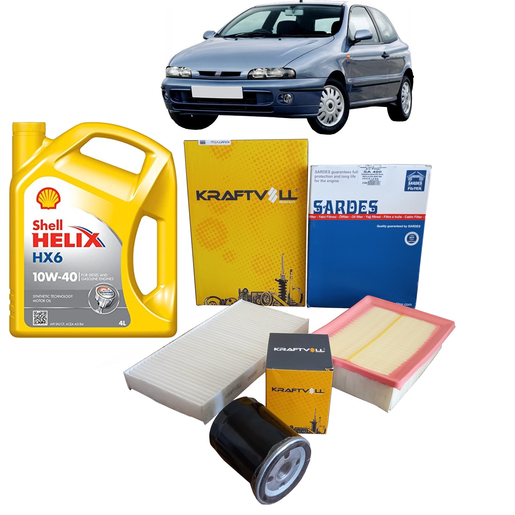 1998-2004 FİAT BRAVO 1.6 BENZİNLİ PERİYODİK BAKIM SETİ HAVA + POLEN + YAĞ FİLTRESİ + 4 LİTRE SHELL HX6 10W 40