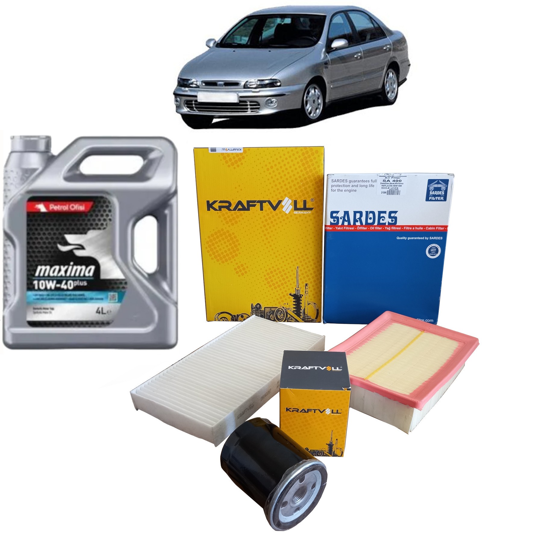 FİAT MAREA 1.6 BENZİNLİ PERİYODİK BAKIM SETİ HAVA + POLEN + YAĞ FİLTRESİ + 4 LİTRE PETROL OFİSİ 10W 40