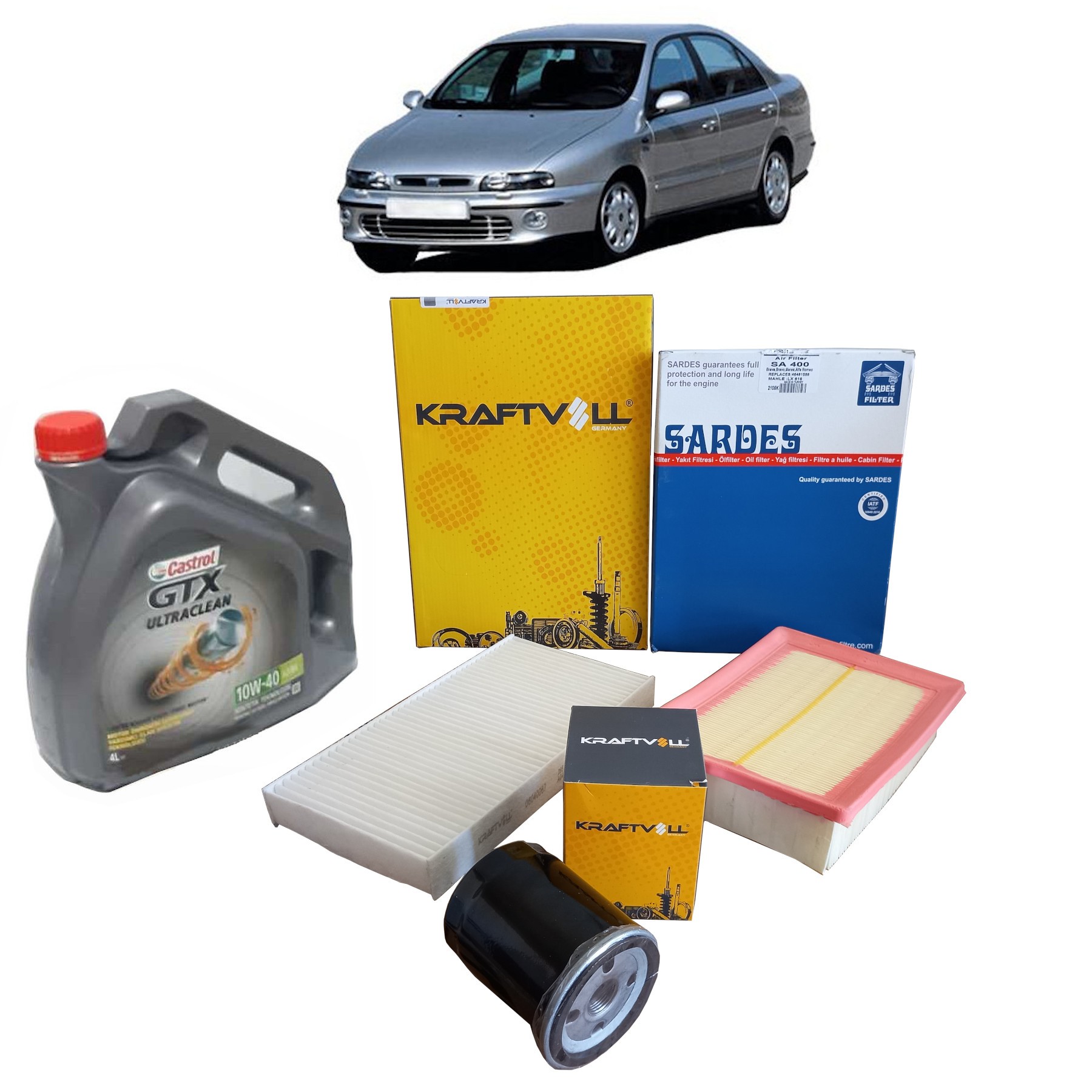 FİAT MAREA 1.6 BENZİNLİ PERİYODİK BAKIM SETİ HAVA + POLEN + YAĞ FİLTRESİ + 4 LİTRE CASTROL GTX 10W 40 