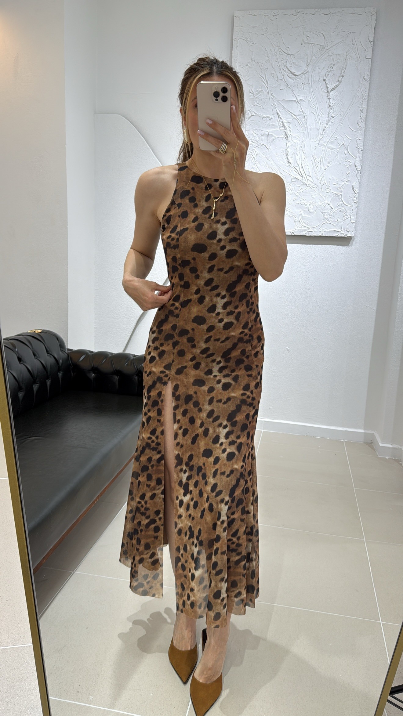 LEOPAR DESEN YIRTMAÇ DETAY TÜL ELBİSE
