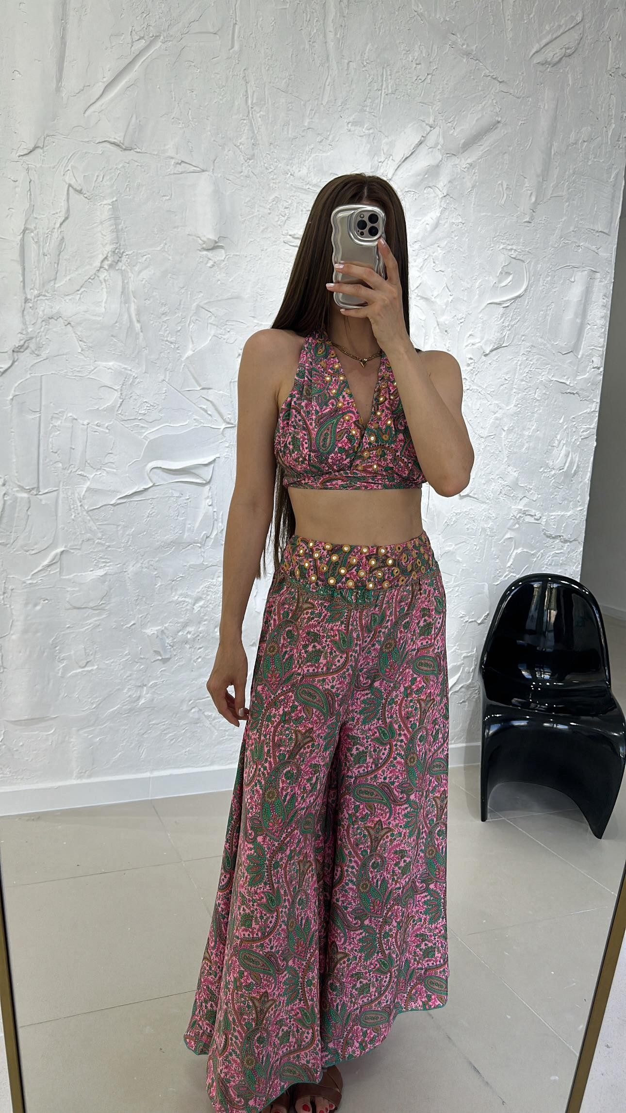 AYNA DETAY ŞAL DESEN PEMBE TAKIM