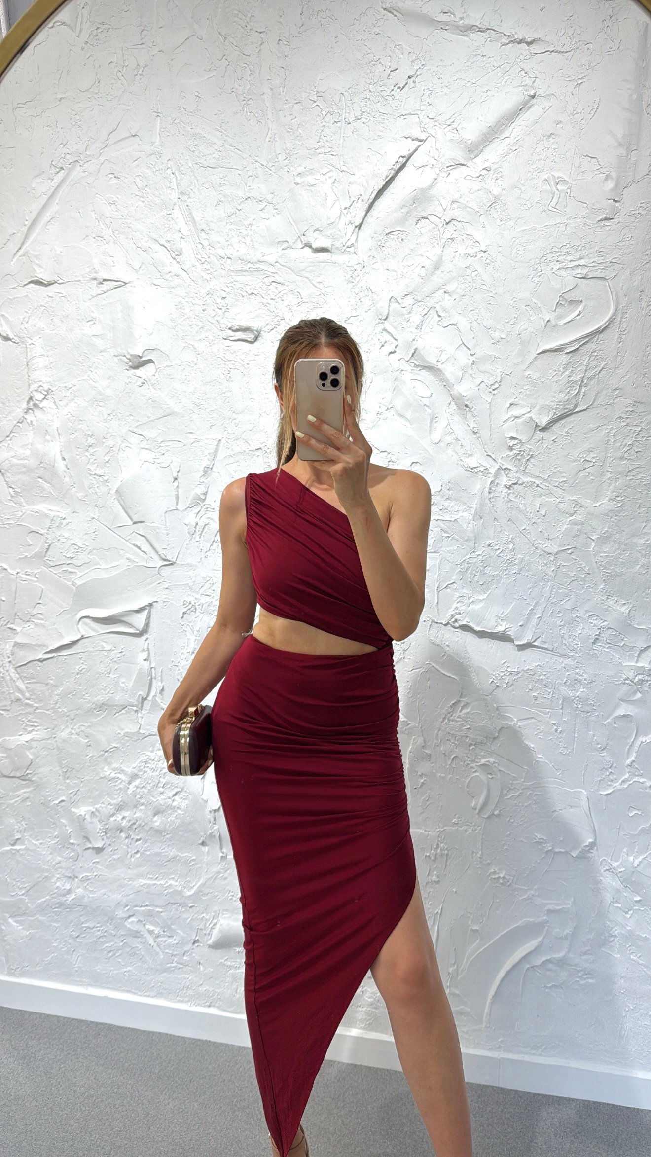 DRAPELİ ASİMETRİK ELBİSE-BORDO