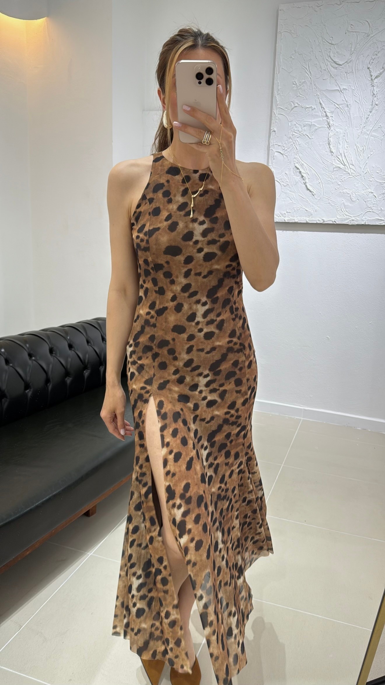 LEOPAR DESEN YIRTMAÇ DETAY TÜL ELBİSE