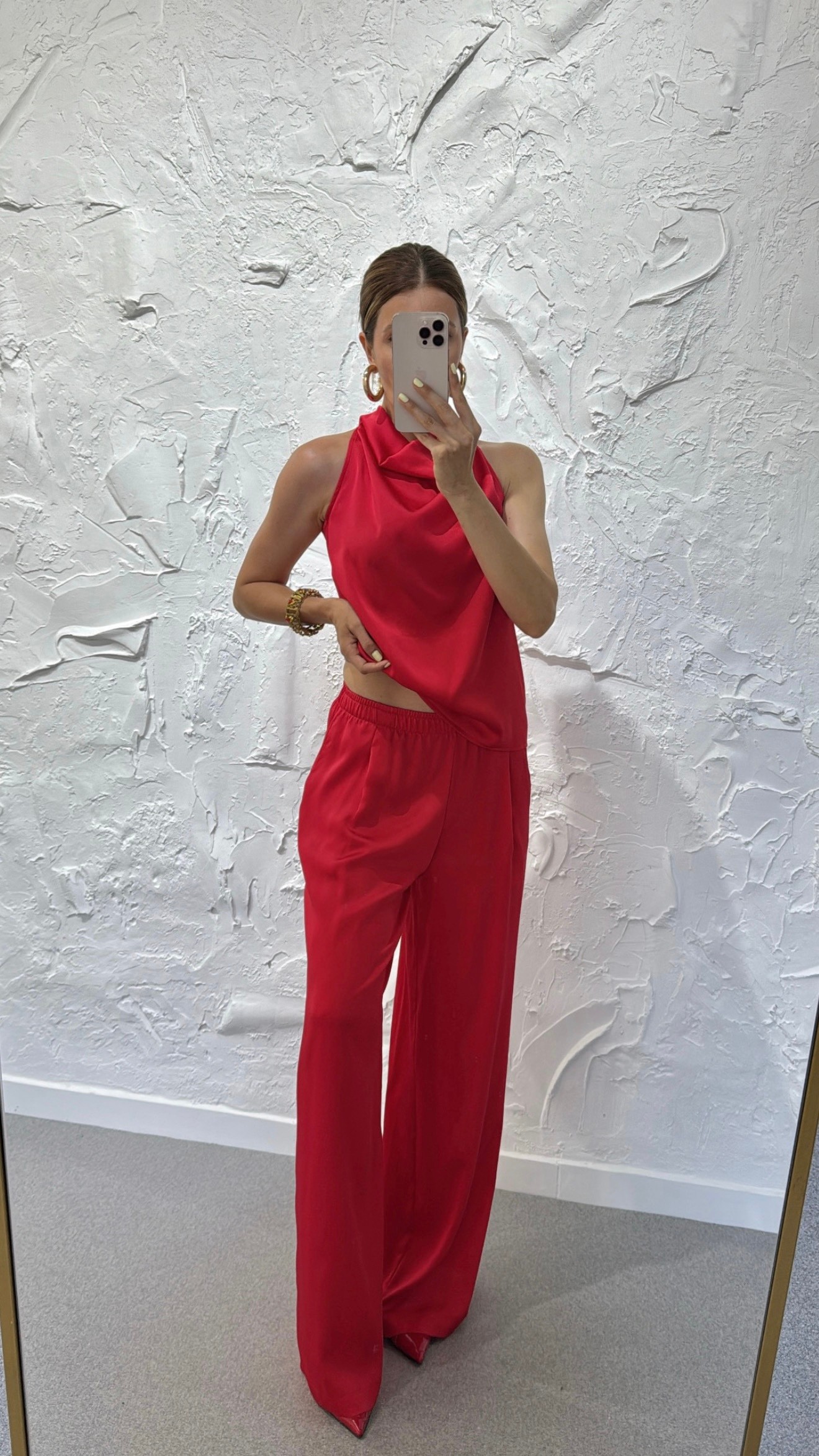 SATEN PANTOLON BLUZ TAKIM-KIRMIZI