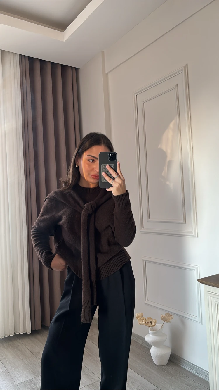 Bağlama Detay Kahve Kazak