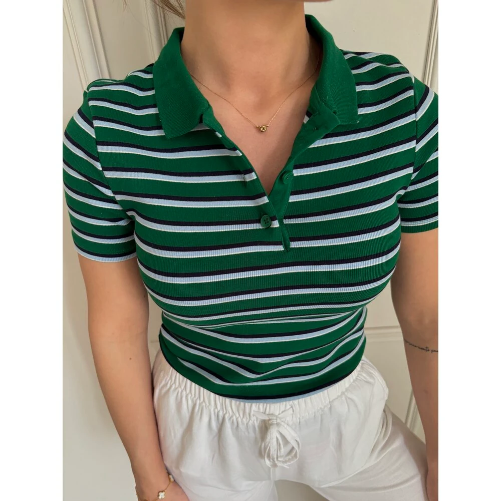 Çizgili Polo Yaka Yeşil Tshirt
