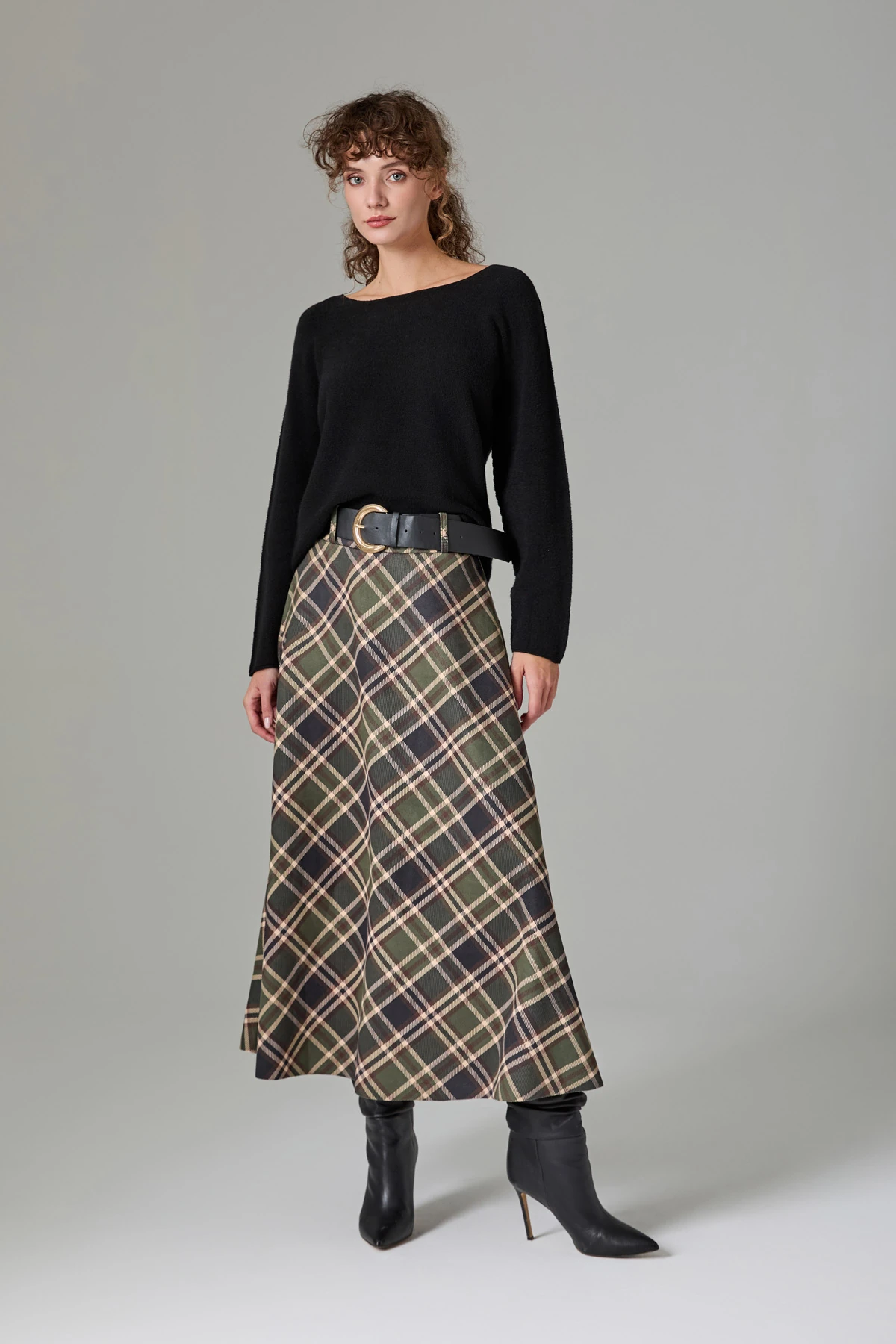 Kemerli Ekose Midi Etek