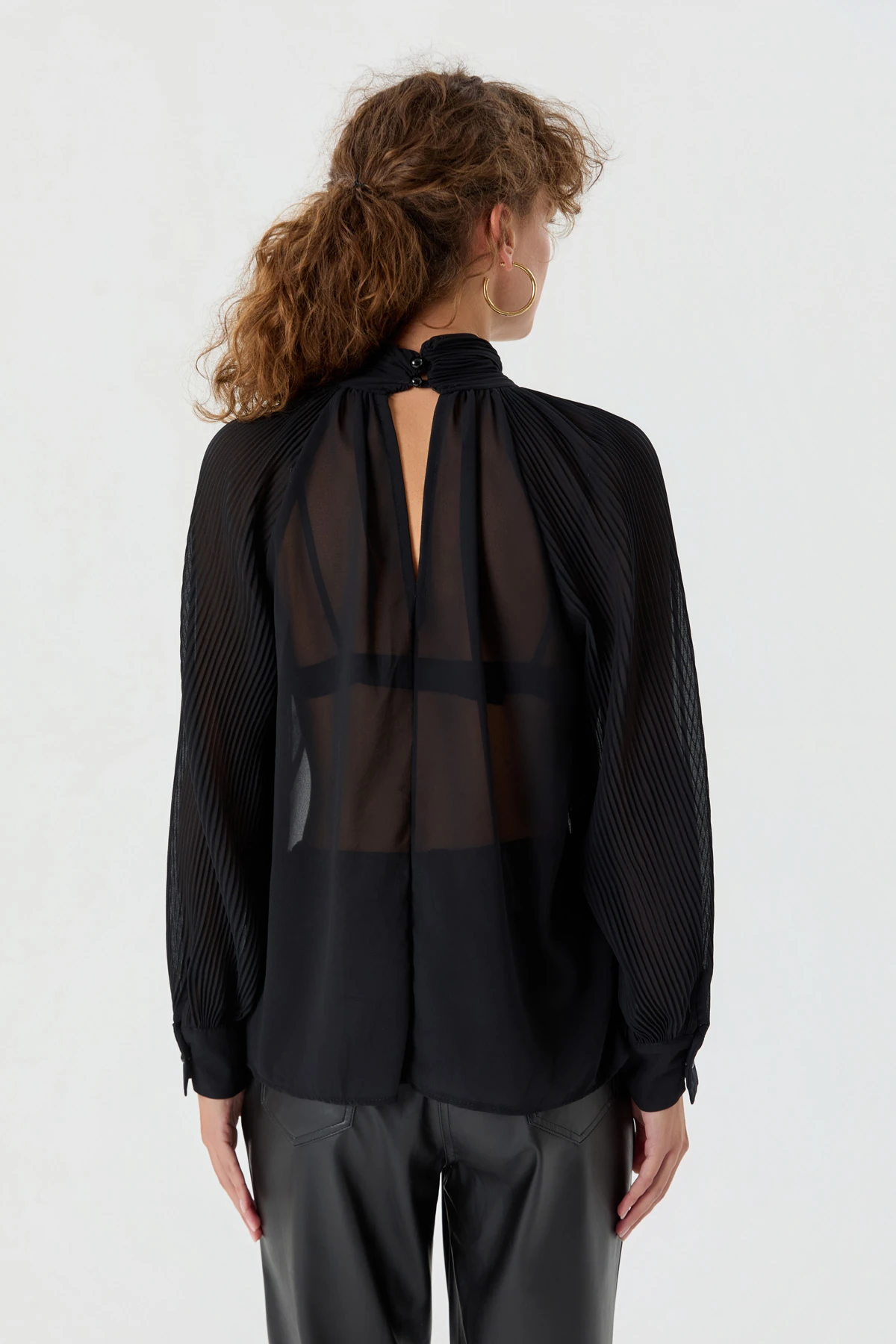 Transparan Kolu Pileli  Bluz