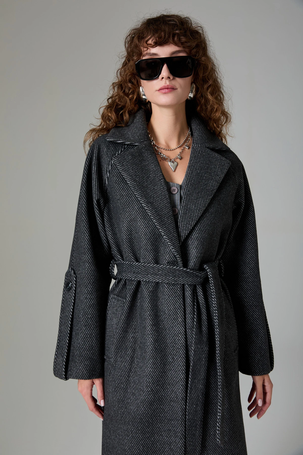 Yandan Cepli Uzun Kaşe Kaban - Antrasit