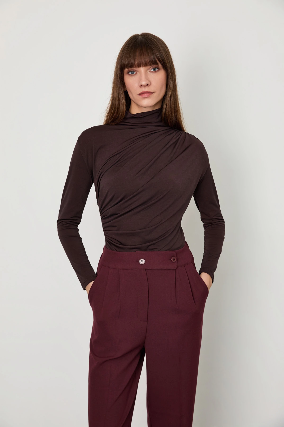 Balıkçı Yaka Drapeli Bluz - Kahverengi