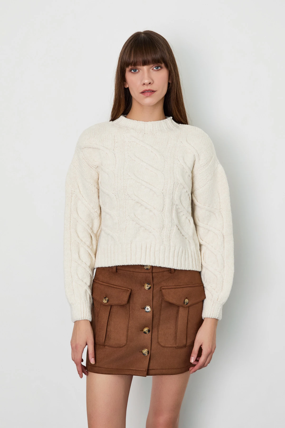 Örgü Desen Triko Kazak - Ekru