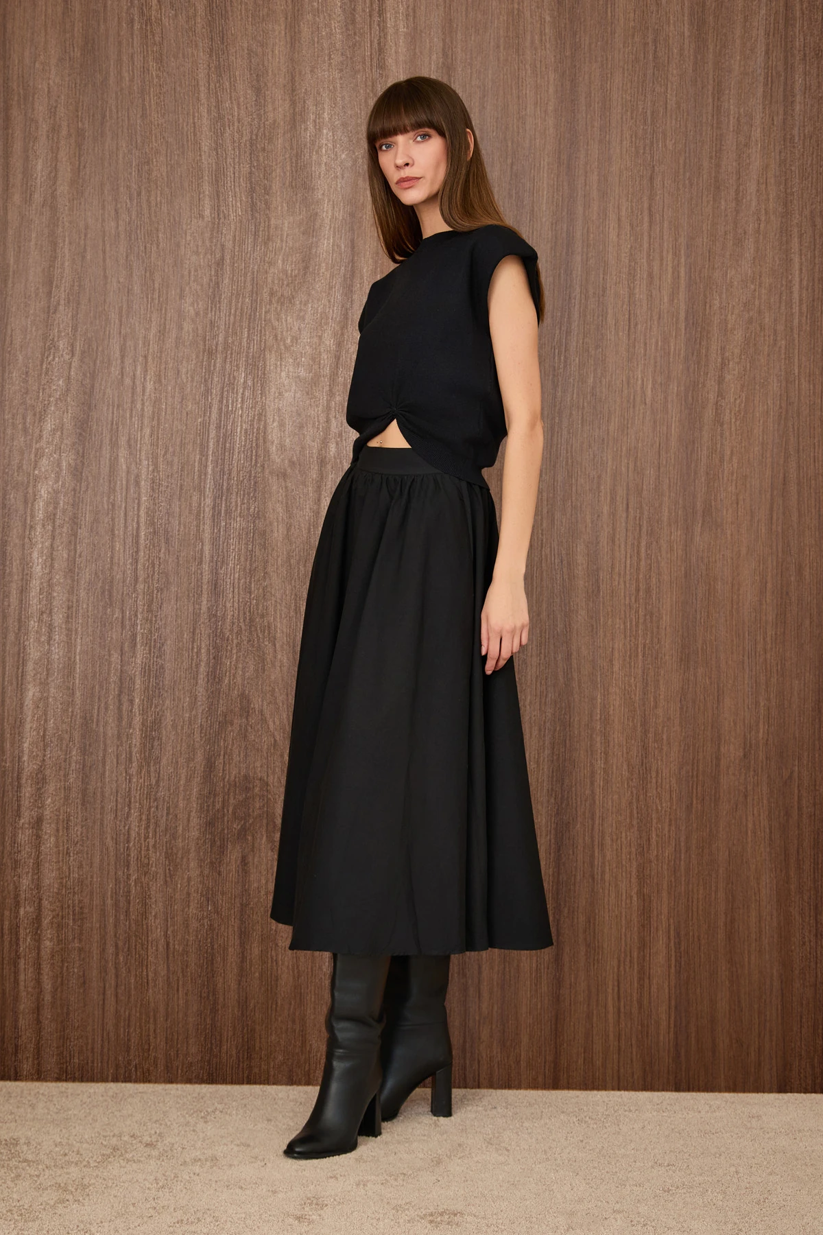 Kemerli Volanli Midi Etek