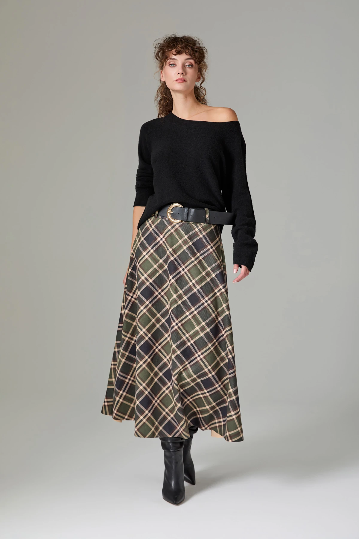 Kemerli Ekose Midi Etek