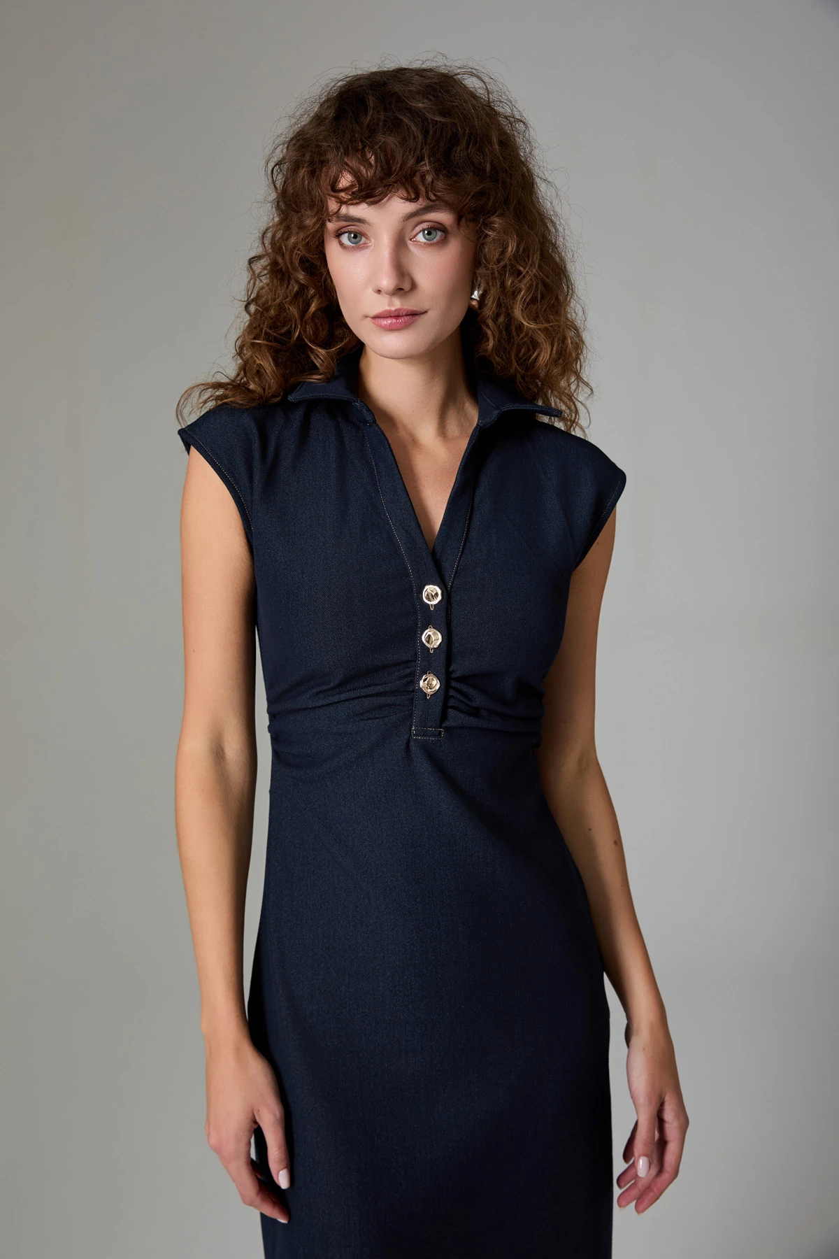 Denim Görünümlü Midi Elbise