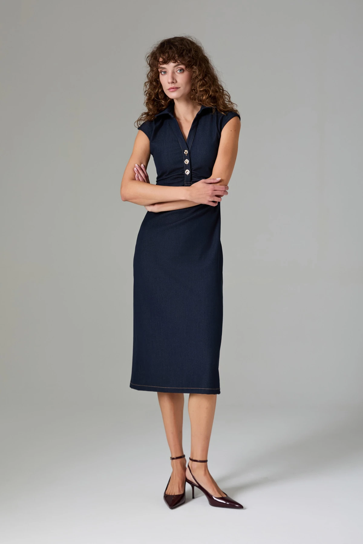 Denim Görünümlü Midi Elbise