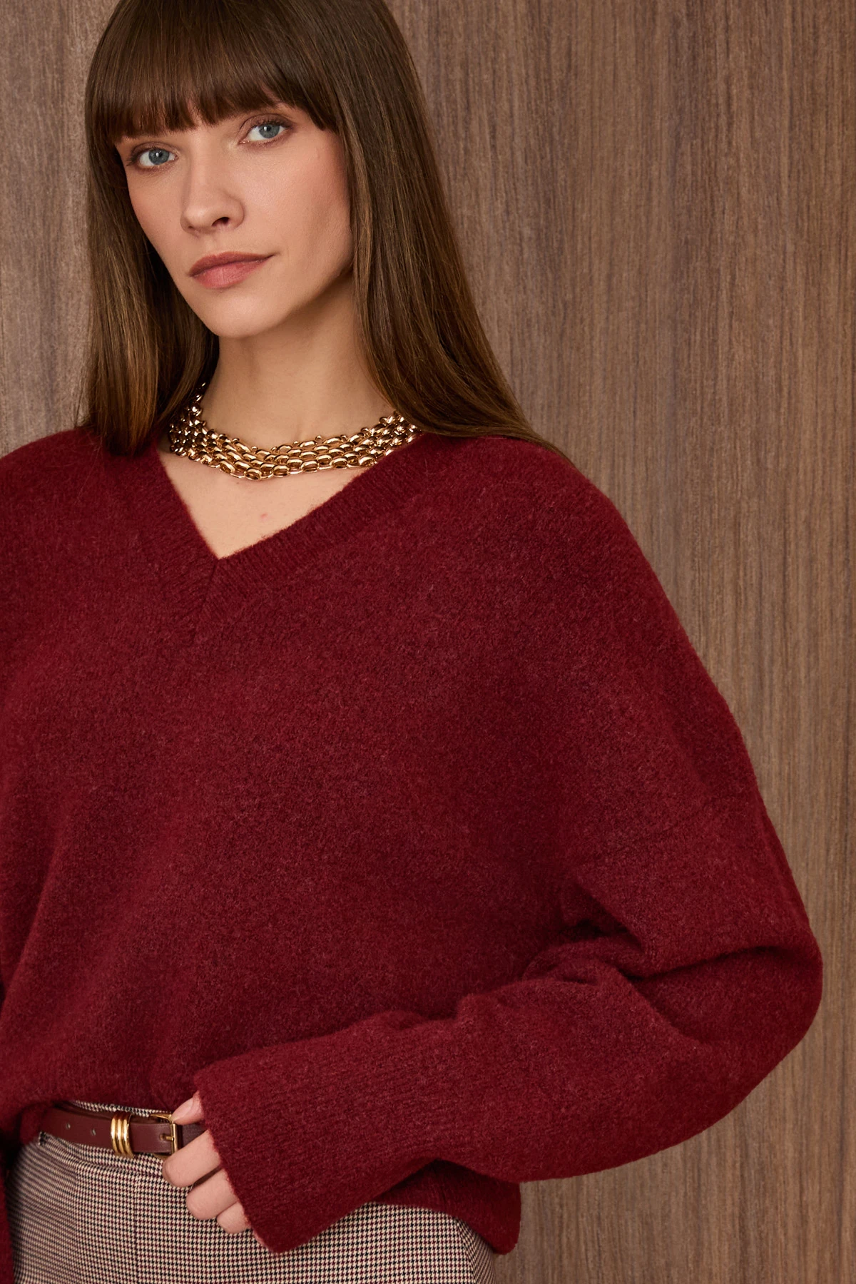 V Yaka Yumuşak Dokulu Triko Kazak - Bordo