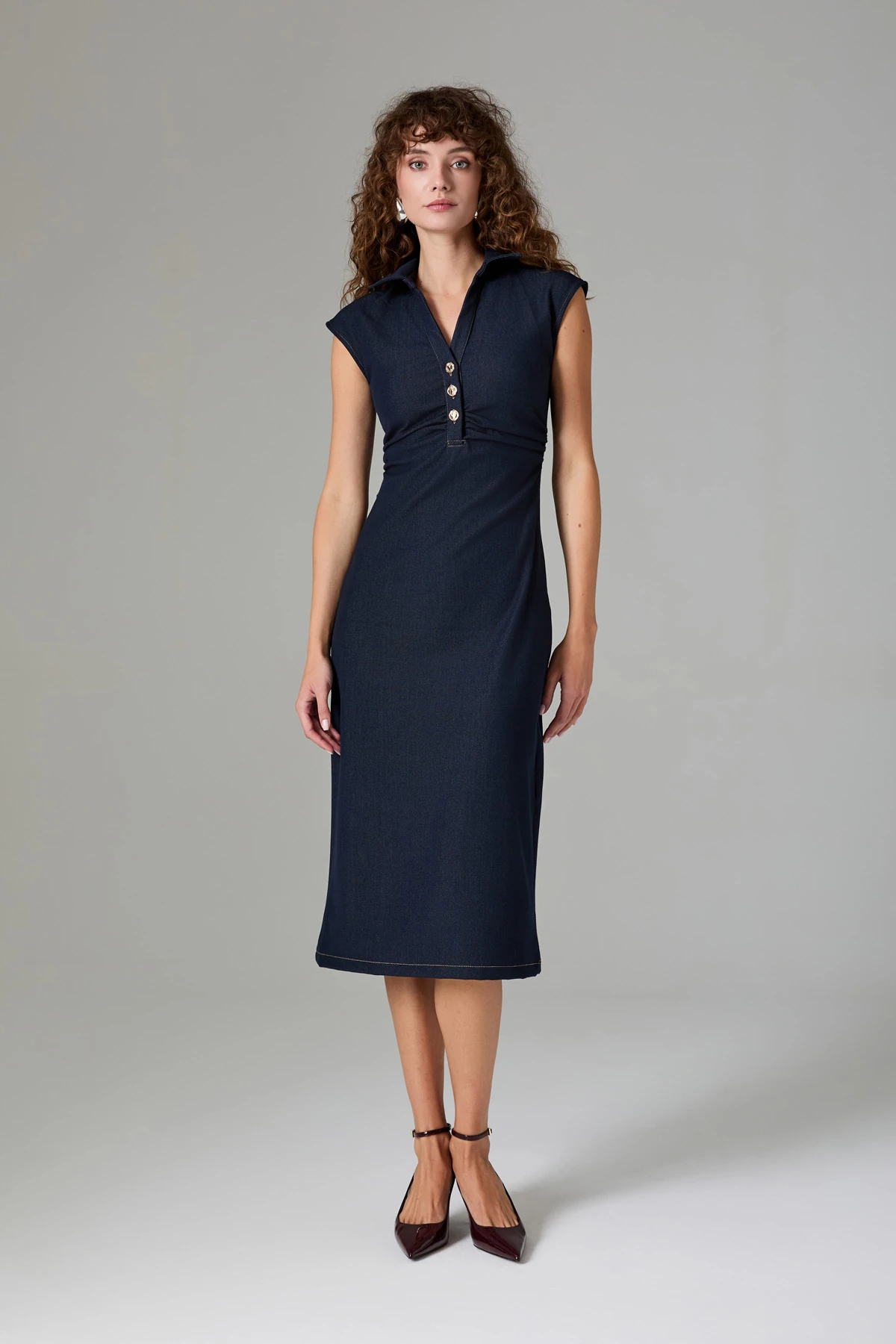 Denim Görünümlü Midi Elbise