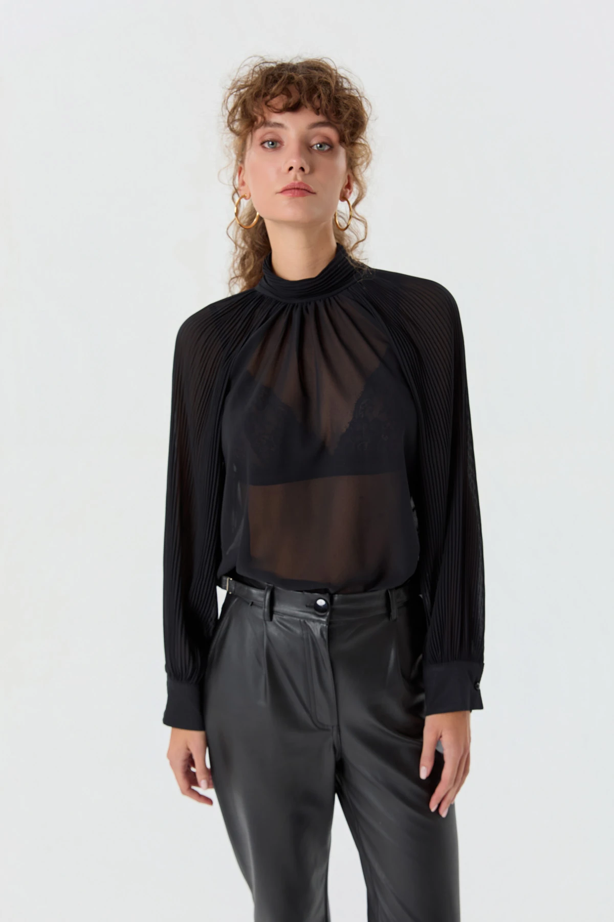 Transparan Kolu Pileli  Bluz