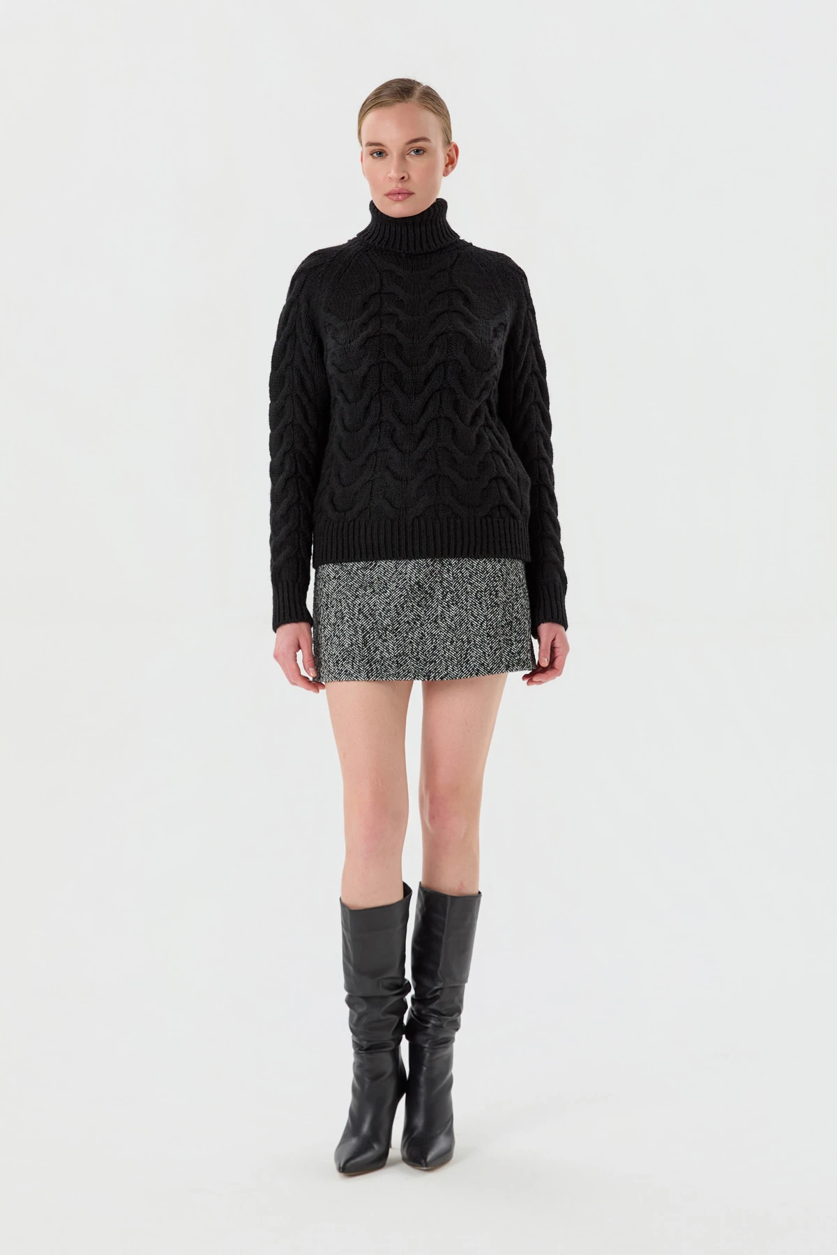 Balıkçı Yaka Örgü Desen Triko Kazak