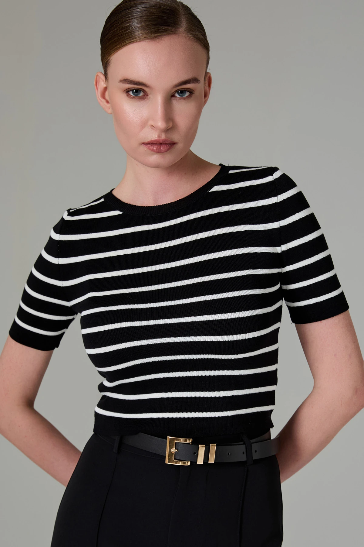 Çizgili Kısa Kollu Triko - Siyah - Beyaz