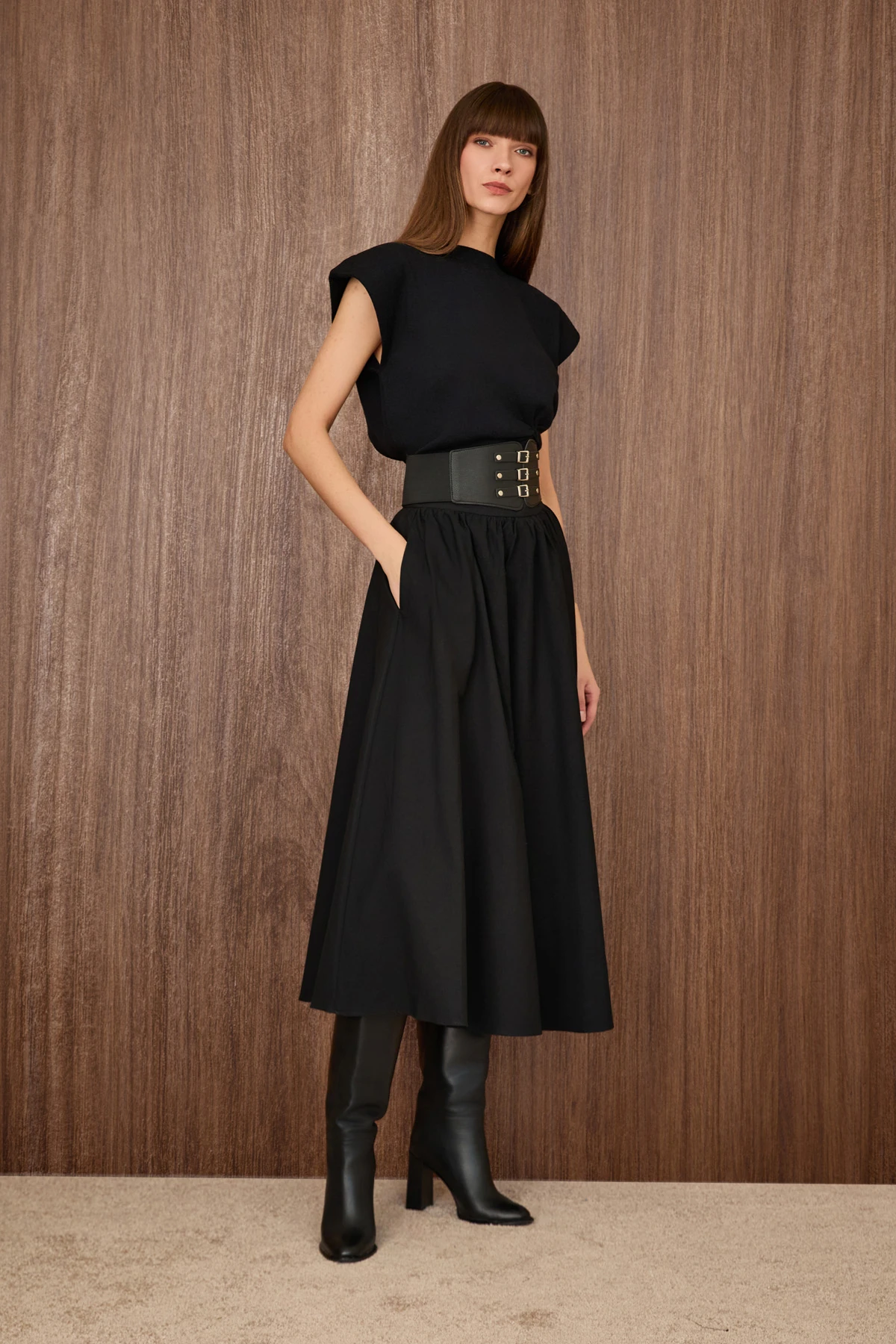 Kemerli Volanli Midi Etek