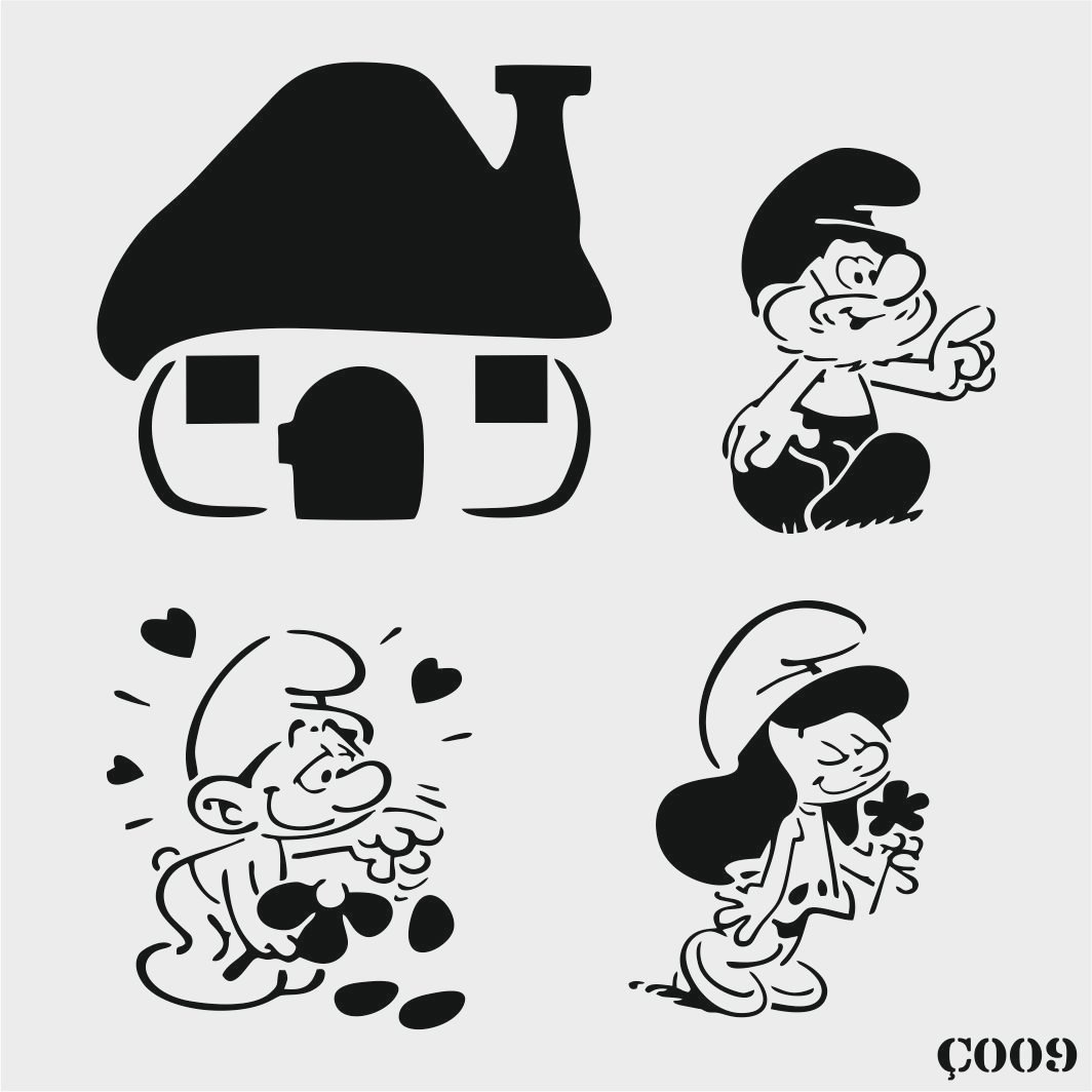 Stencil Tasarım Ç009 Şirinler Duvar Ahşap Cam Kumaş Boyama Deseni
