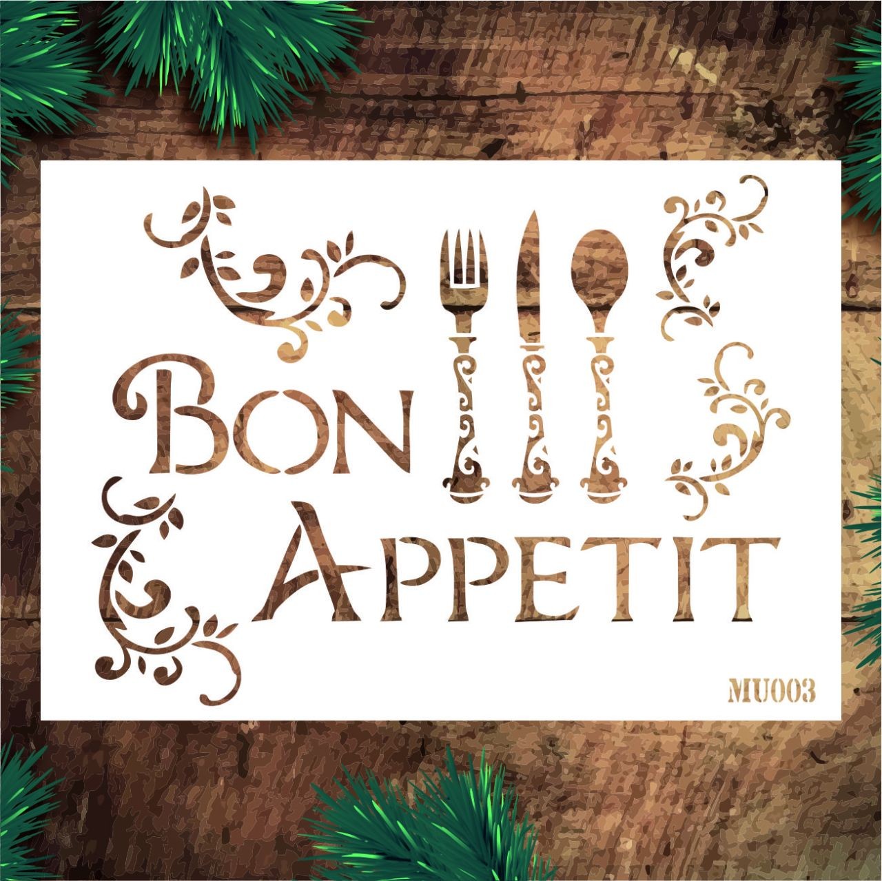 Stencil Tasarım Mu003 Bon Appetit Duvar Ahşap Cam Boyama Deseni