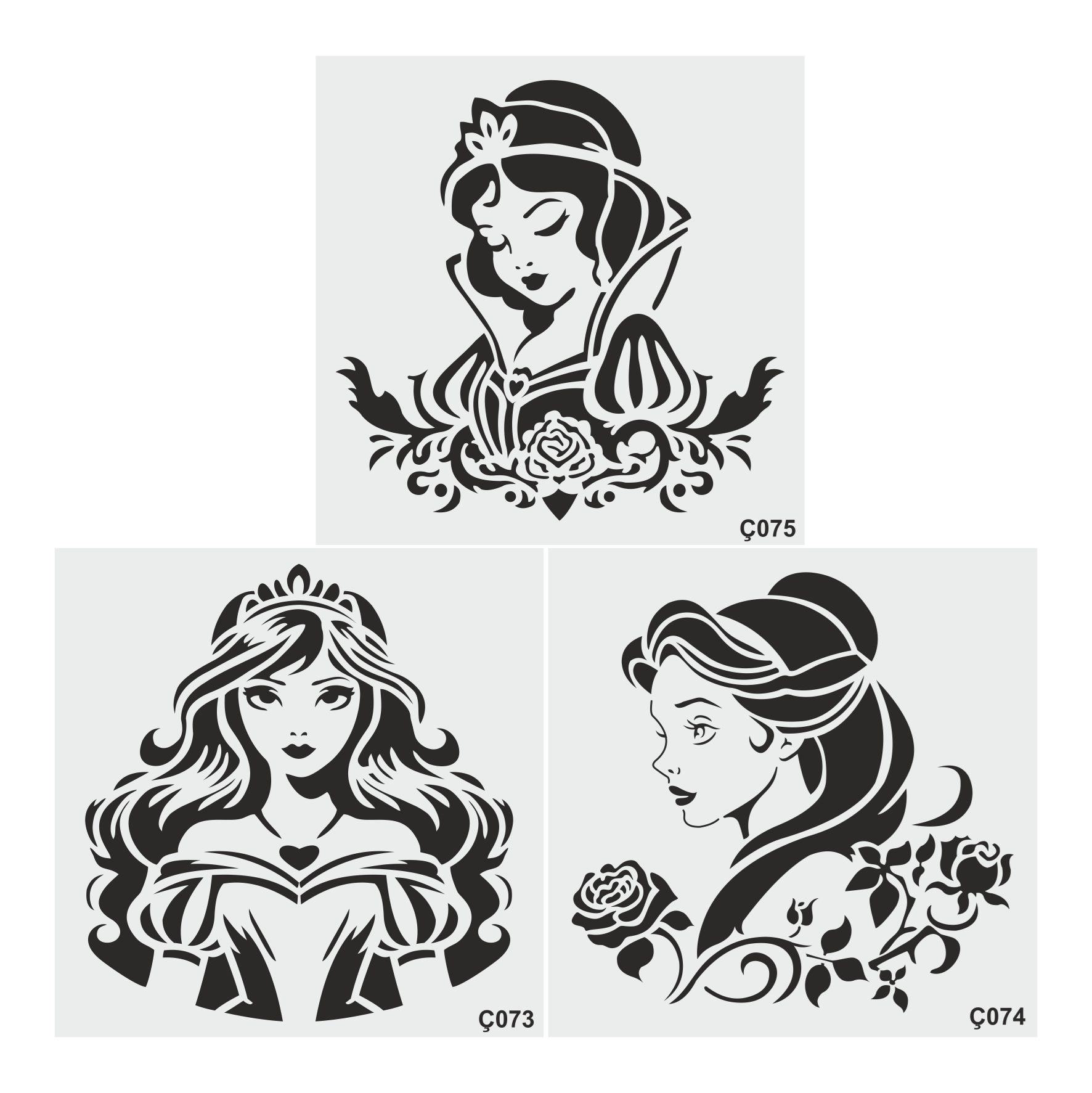Stencil Tasarım Ç072 Disney, 20X20cm 3 lÜ stencil seti Set52 Duvar Ahşap Kumaş Cam Boyama Şablonu