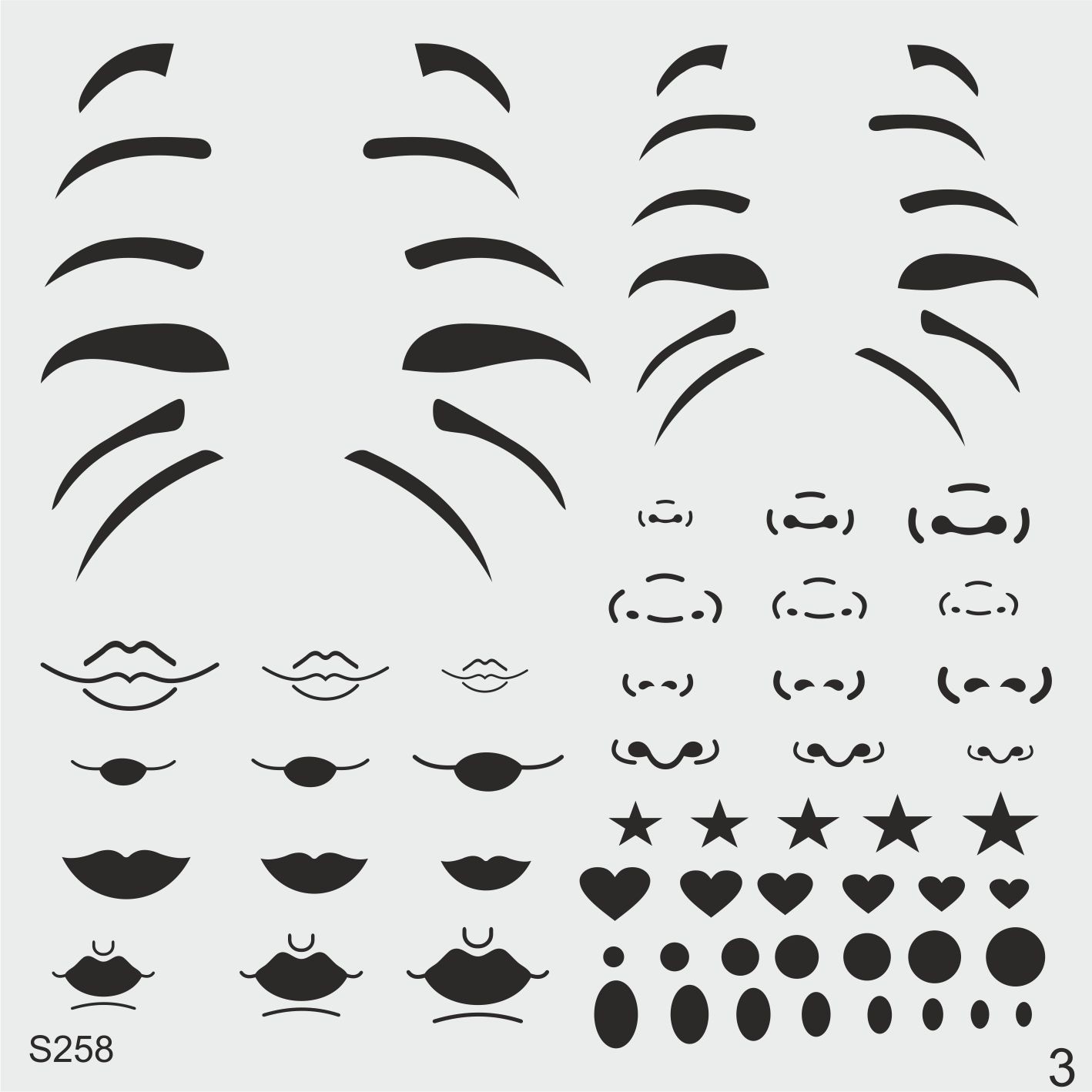Stencil Tasarım S258 Anime İnsan Yüzleri Kaş, Göz, Ağız, Burun Boyama Şablonları 25x25 cm lik 3 lü set