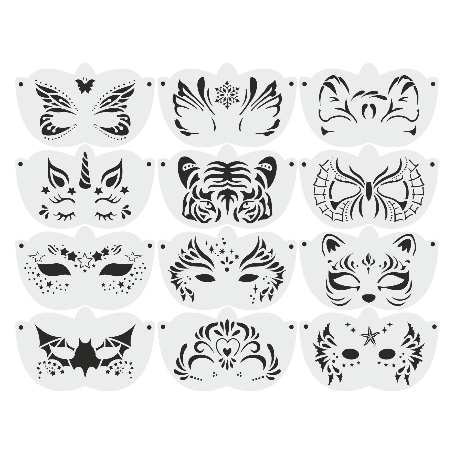 Stencil Tasarım 12 Adet SL094 Çocuk Yüz Boyama Maskeleri SET:47 Pasta, Ahşap, Yüz Boyama Şablonu