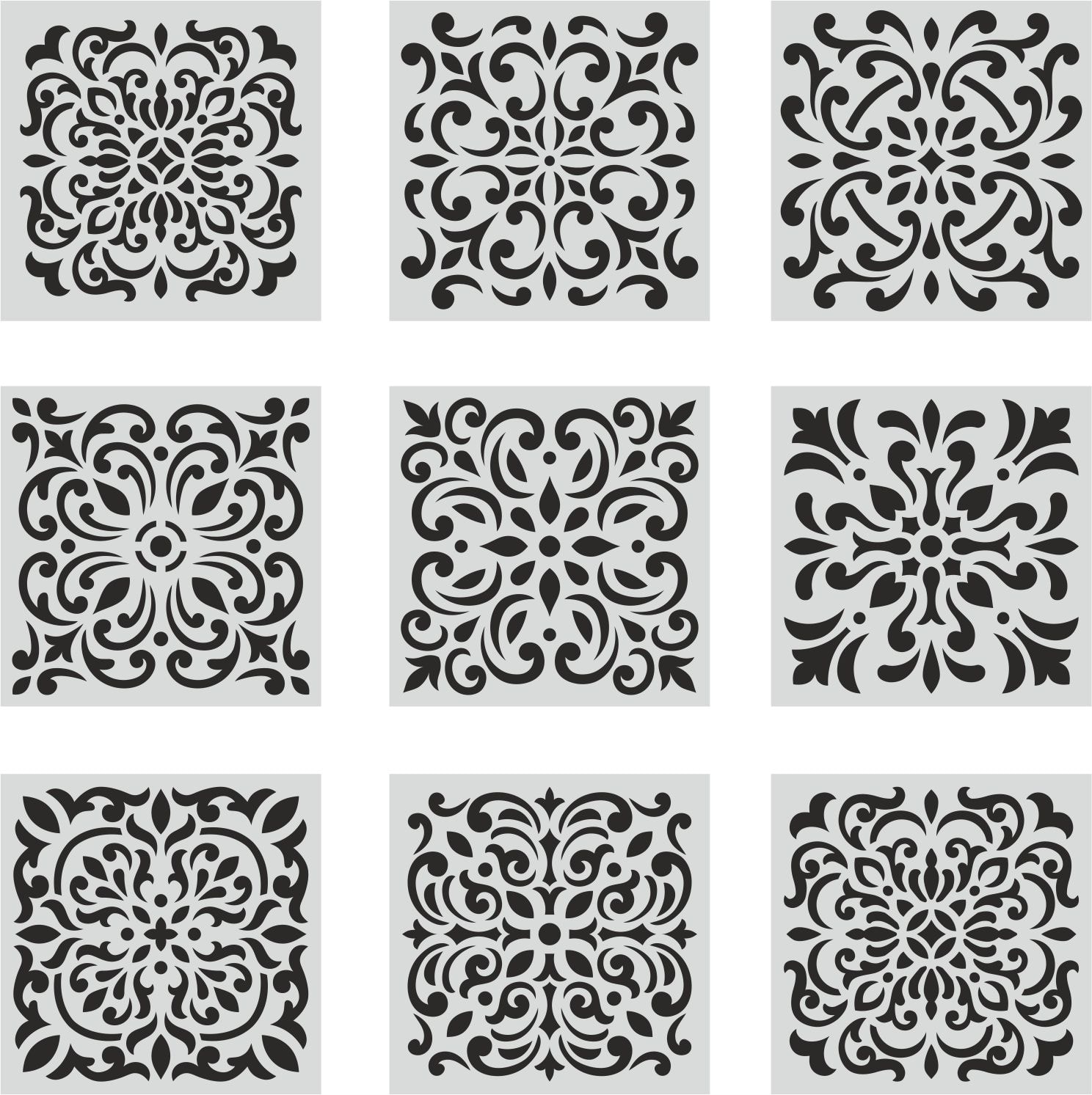 Stencil Tasarım 15x15cm 9 Parça Damask Stencil Seti, dekoratif boyama desen kalıbı