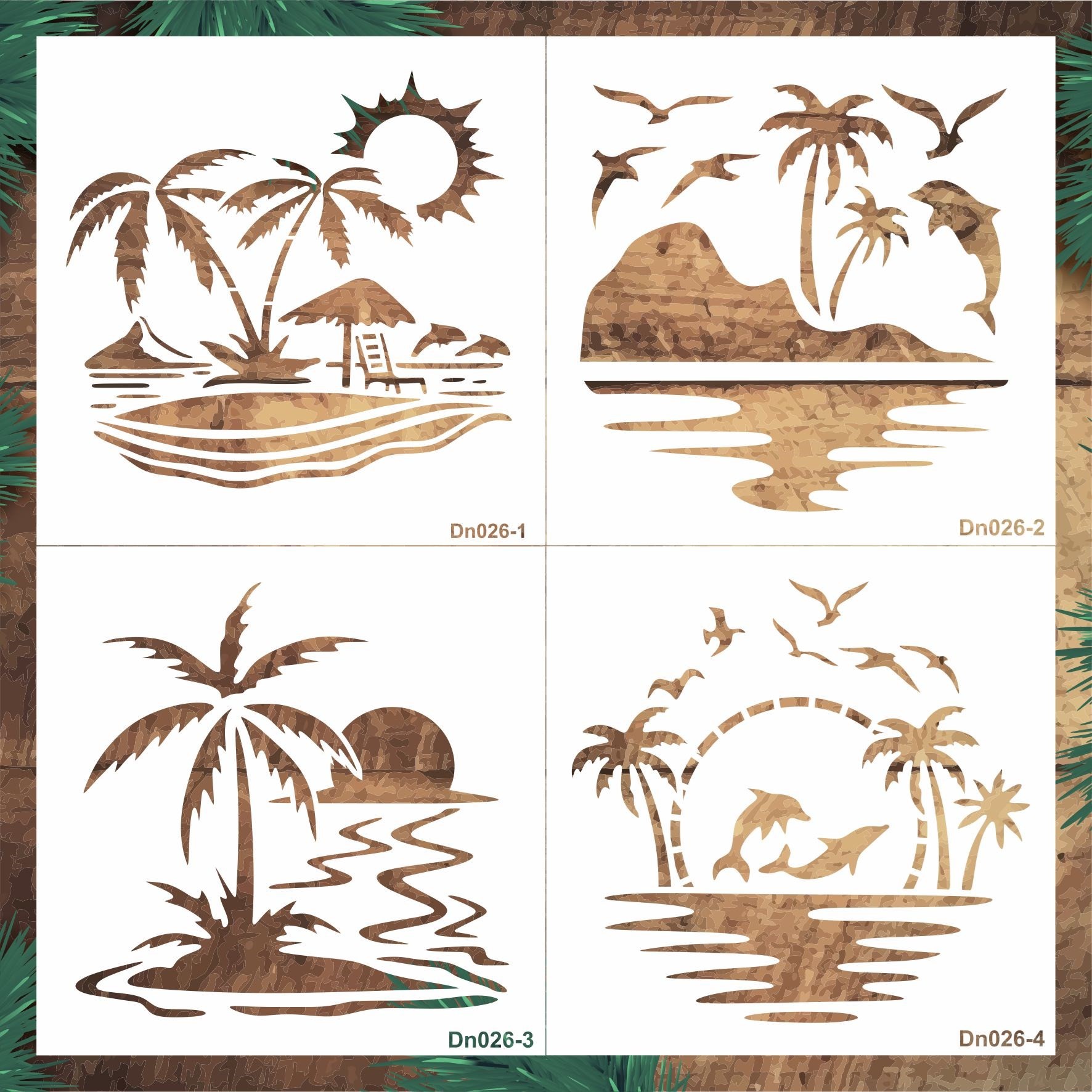 Stencil Tasarım DN026 Deniz Temalı , 20X20cm , 4 lü  stencil seti  SET:44   Duvar Ahşap Boyama Desen
