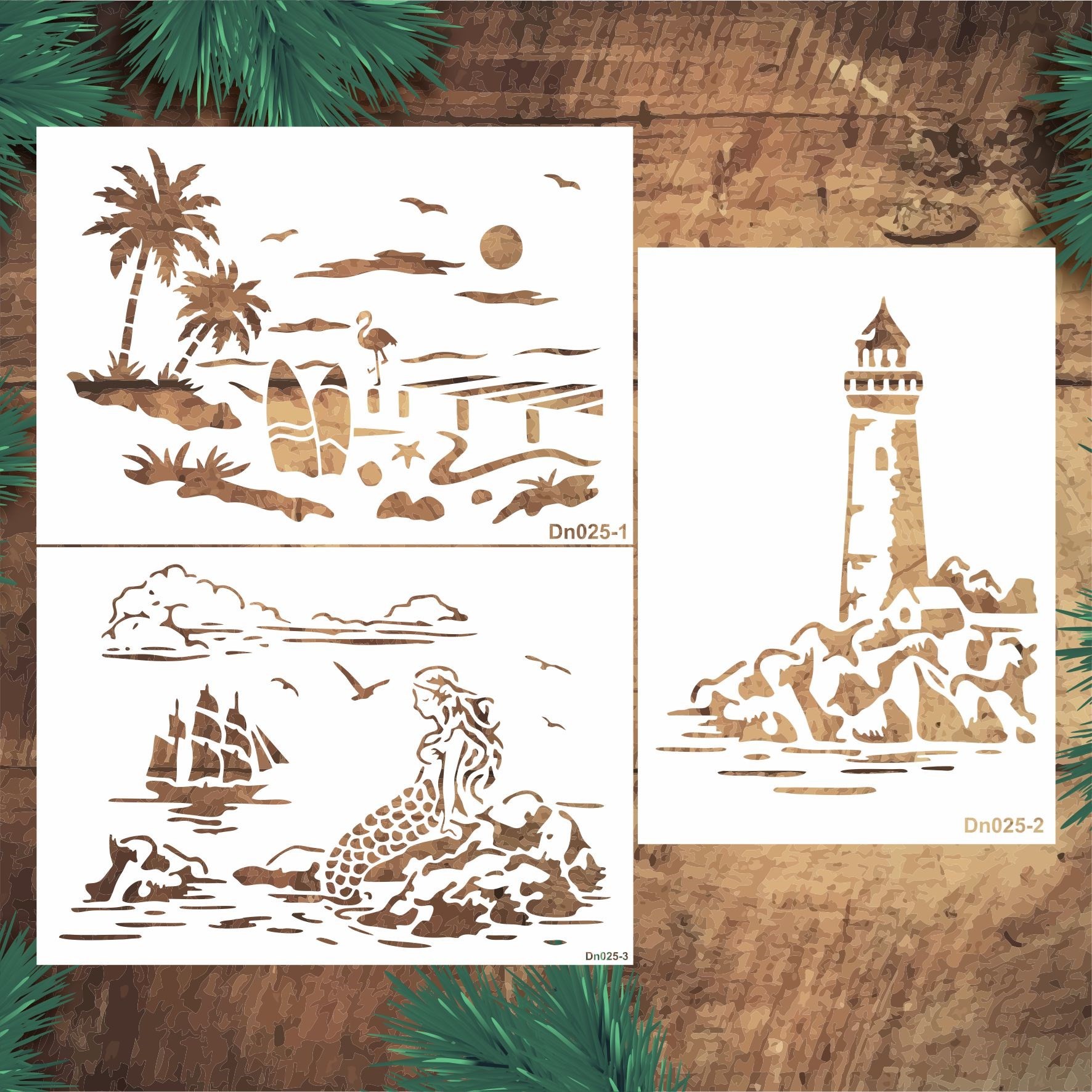 Stencil Tasarım DN025 Deniz Temalı , 21x30cm , 3lü  stencil seti  SET:43   Duvar Ahşap Boyama Desen 