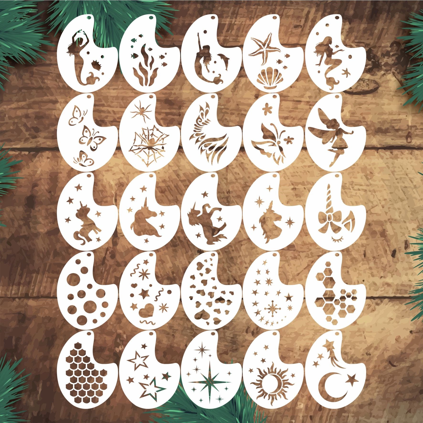 Stencil Tasarım 25 Adet SL093 , SET:45 Pasta, Ahşap, Kumaş, Yüz Boyama Şablonu