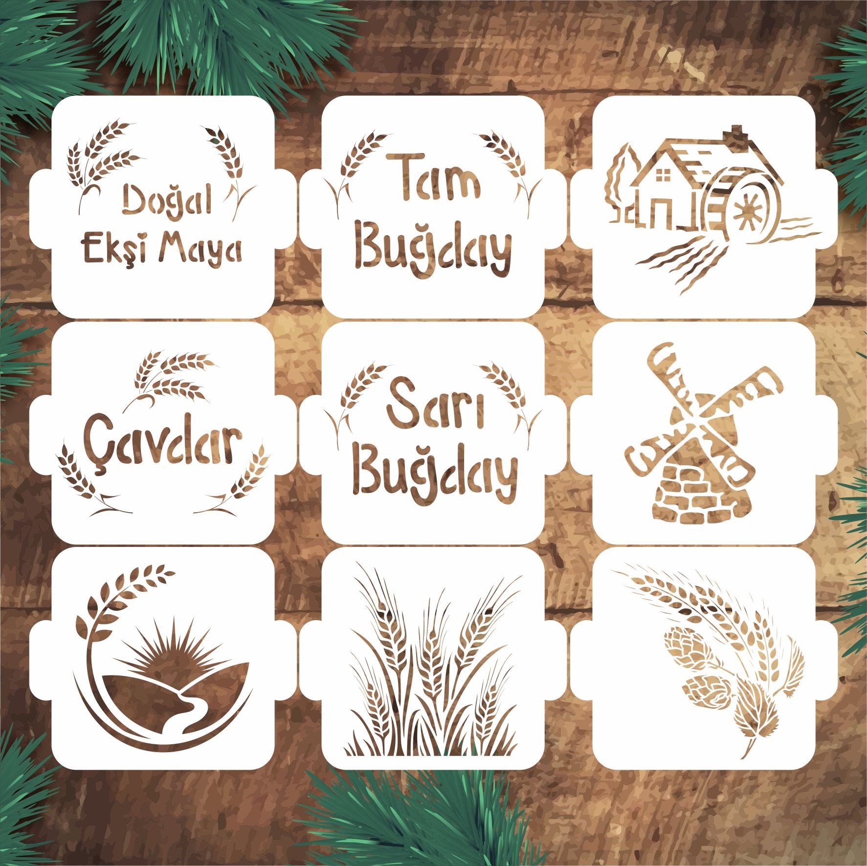 Stencil Tasarım SET 41 Fırıncı-Ekmek Şablonu ,Ekmek, Pasta,Duvar Ahşap Cam Kumaş Boyama Şablonu