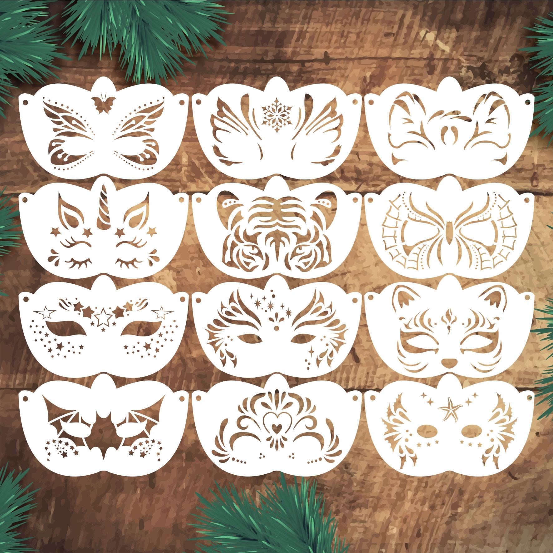 Stencil Tasarım 12 Adet SL094 Çocuk Yüz Boyama Maskeleri SET:47 Pasta, Ahşap, Yüz Boyama Şablonu