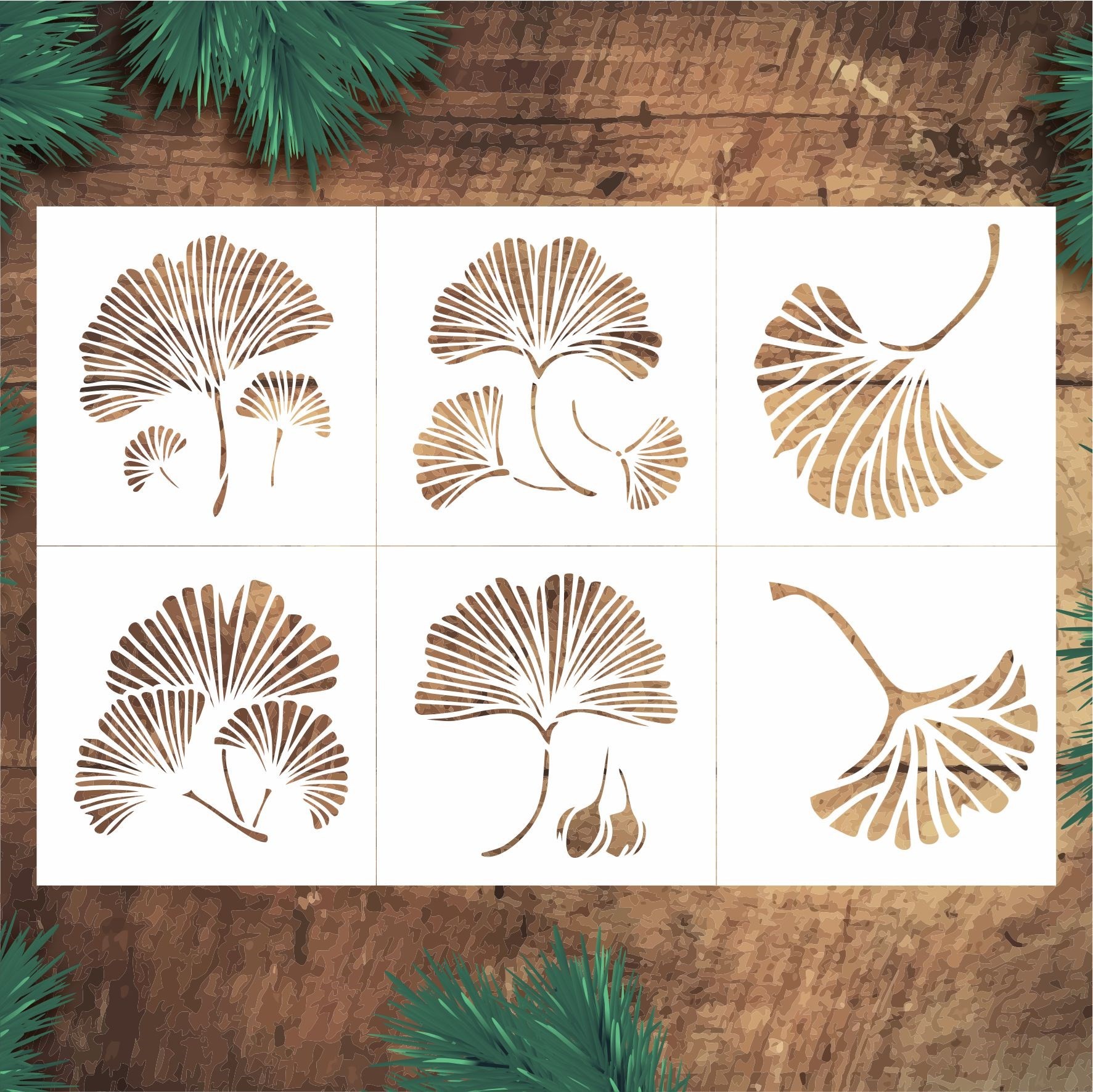 Stencil Tasarım F215  20x20cm  6 lı Ginko Yaprak SET:46  Duvar Ahşap Cam Boyama Şablonu