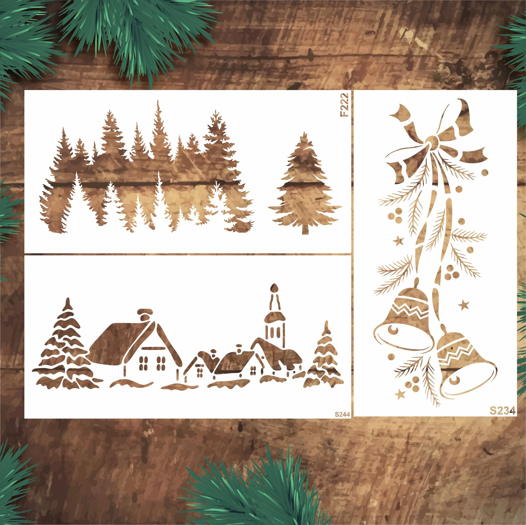 Stencil Tasarım SET58 15x30cm 3 lü Yılbaşı Seti- Dekoratif Duvar, Eşya,kumaş,fayans Boyama Şablonları