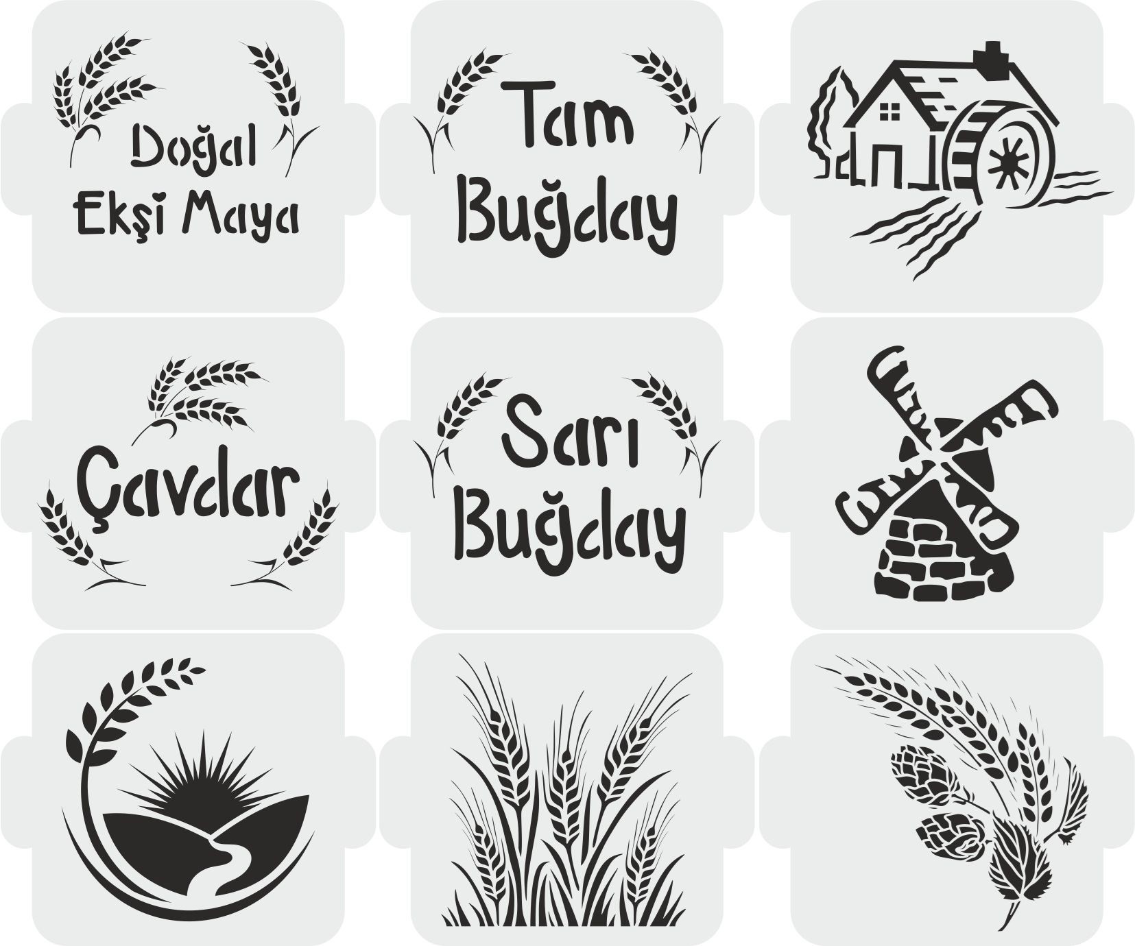 Stencil Tasarım SET 41 Fırıncı-Ekmek Şablonu ,Ekmek, Pasta,Duvar Ahşap Cam Kumaş Boyama Şablonu