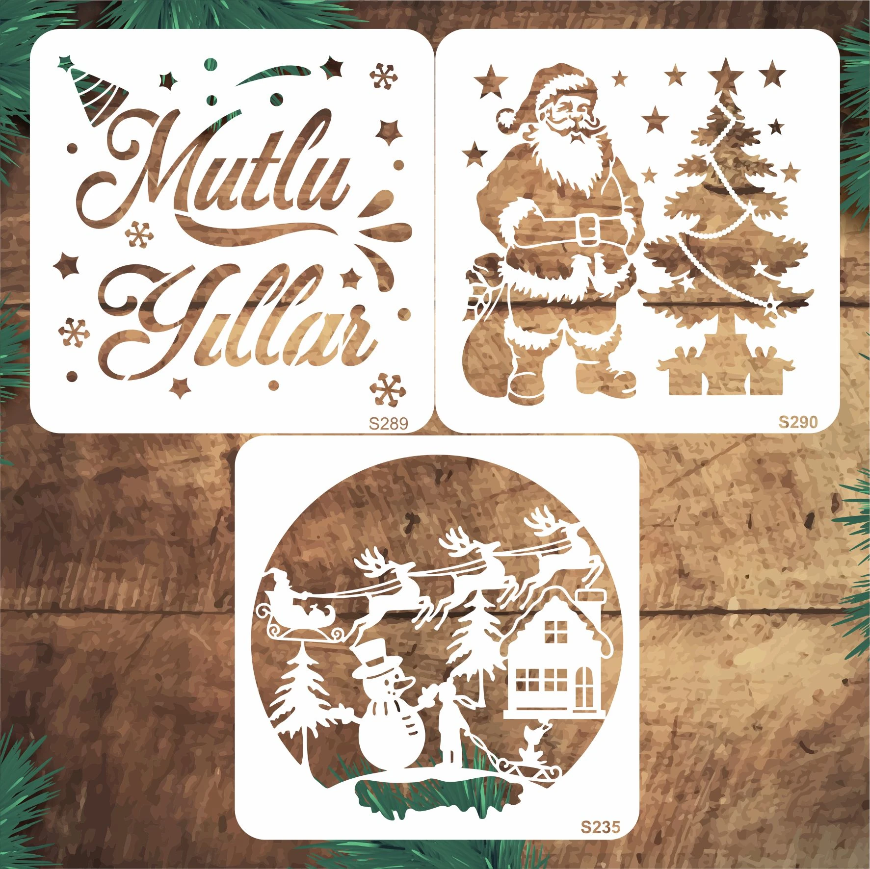 Stencil Tasarım S288 20x20cm 3 lü Yılbaşı Seti  SET56 Duvar, Eşya,kumaş,fayans Boyama Şablonları