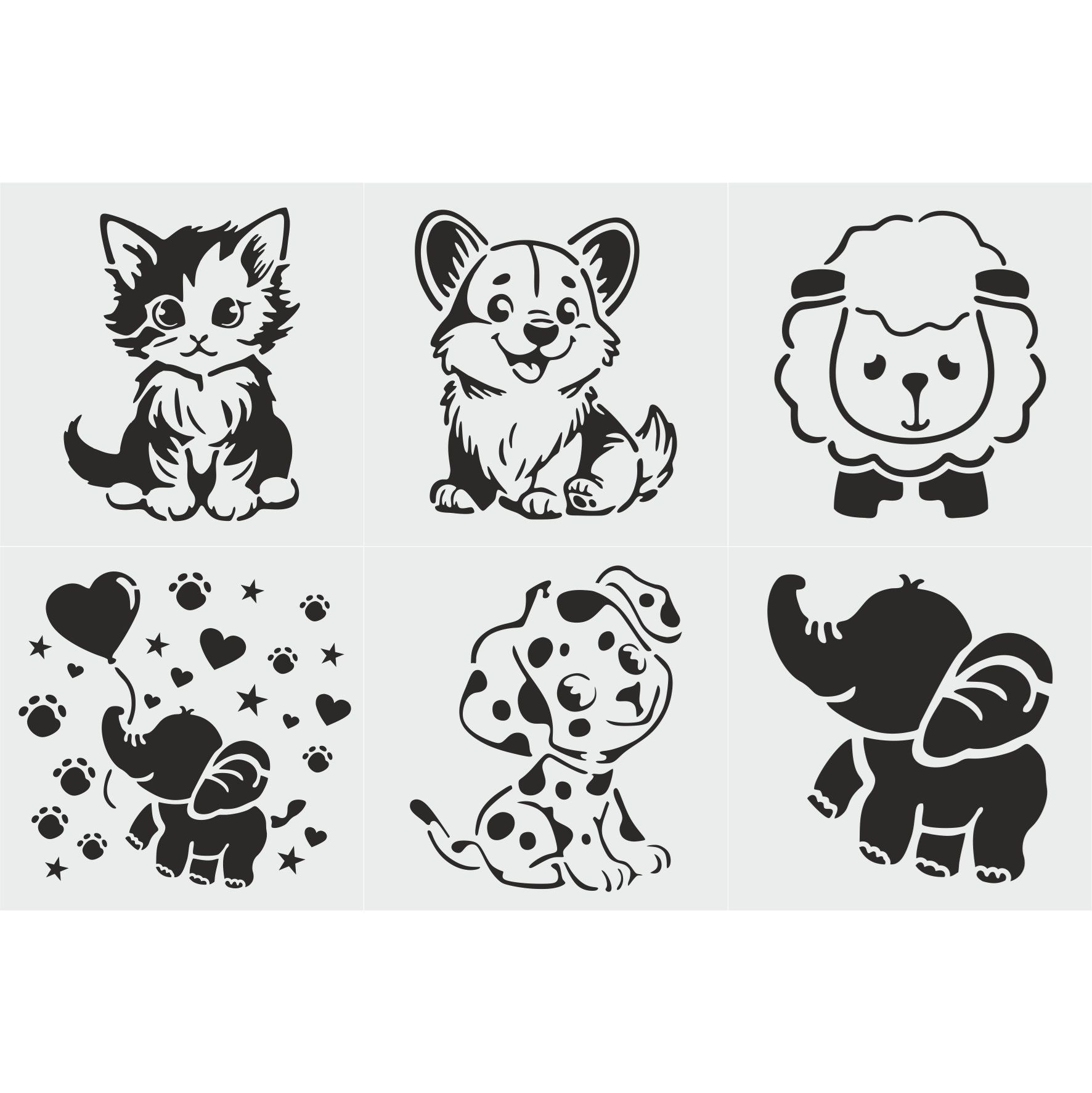 Stencil Tasarım Ç071 Hayvanlar, 15X15cm 6 lı stencil seti Set51 Duvar Ahşap Kumaş Cam Boyama Şablonu