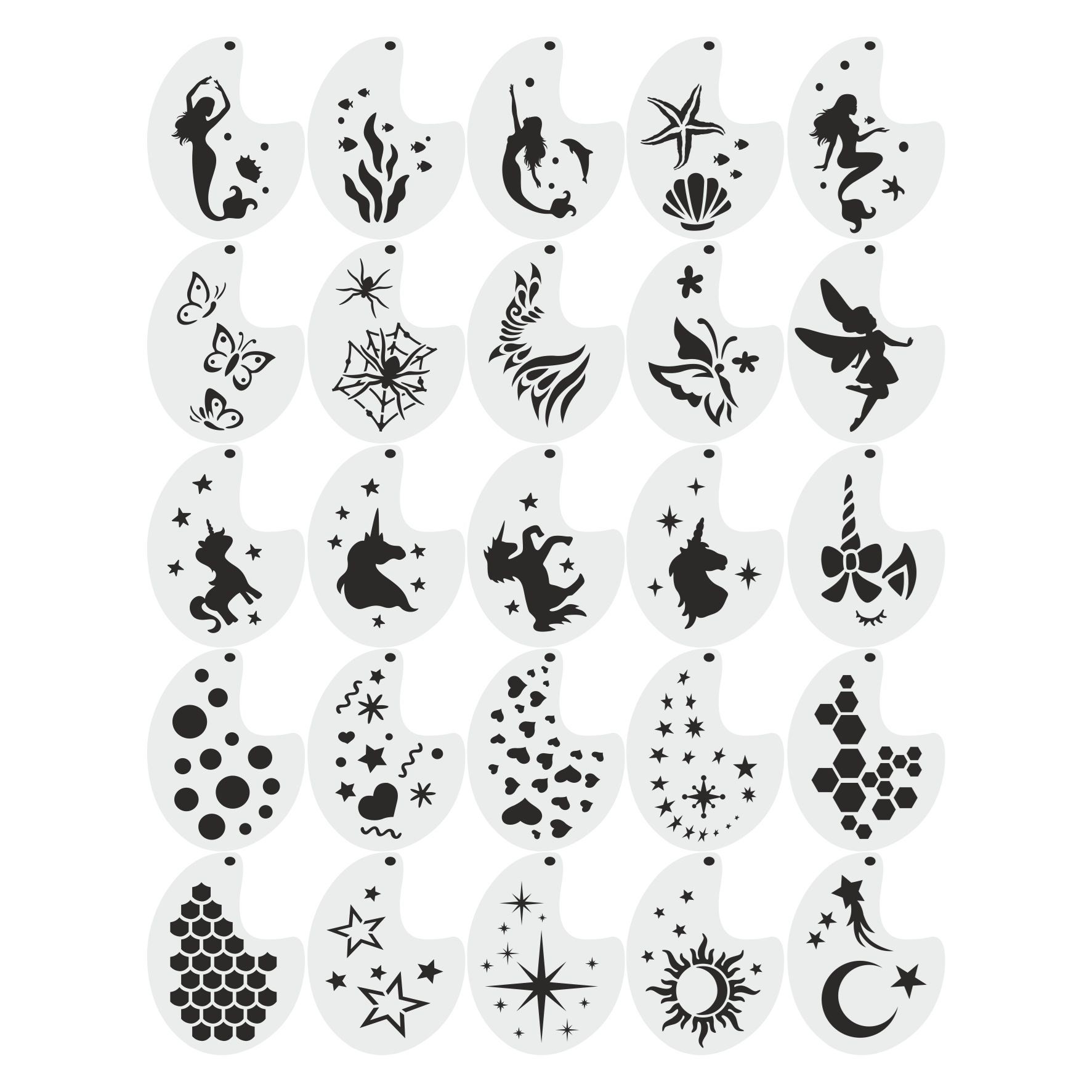 Stencil Tasarım 25 Adet SL093 , SET:45 Pasta, Ahşap, Kumaş, Yüz Boyama Şablonu