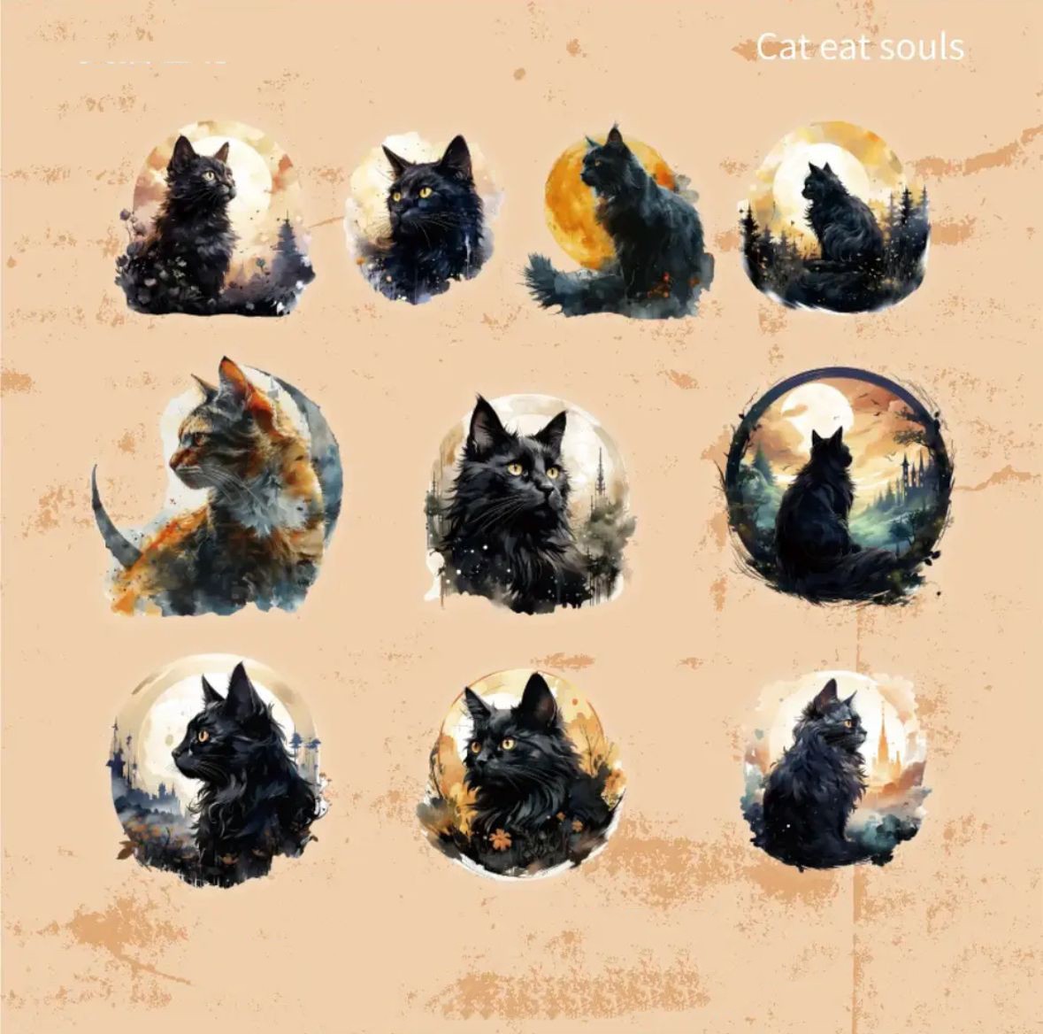 20 Adet Scrapbook Journal Dark Moon  Black Cat Sticker Set-