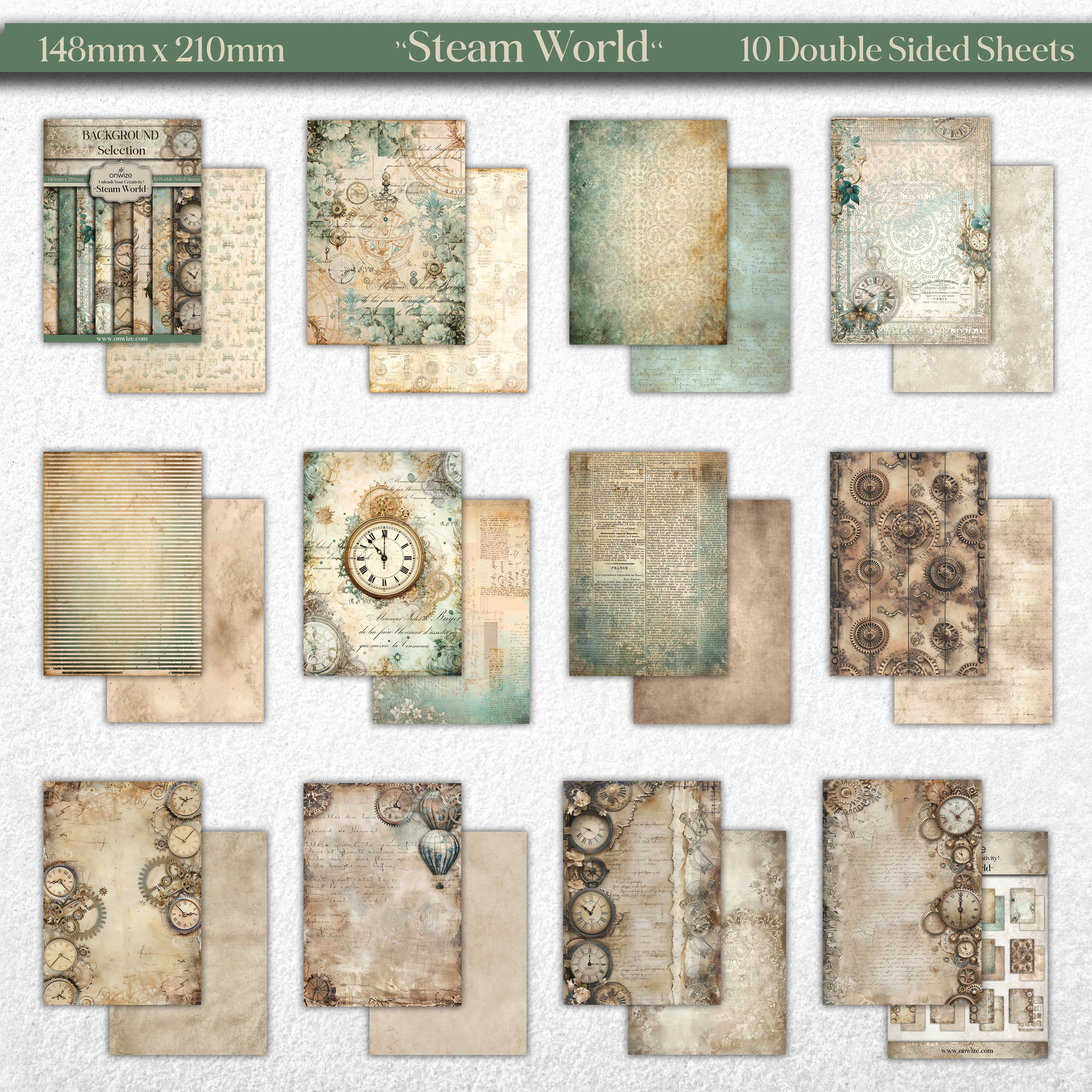 Scrapbooking 'Steamworld' 10 sheets 148x210mm (5"X8") Backgrounds Selection