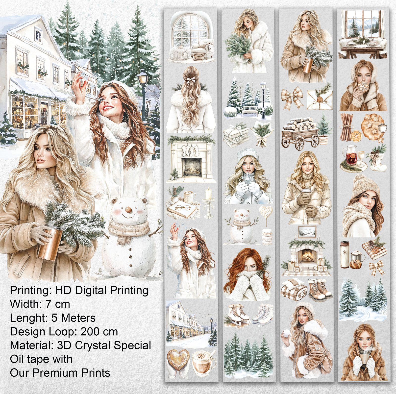 Winter Serenity Pet Tape – Cozy White Aesthetic, Winter Girl Art, Snowy Cottage Scene, Scandinavian Christmas Style, Tax Included – SRP166