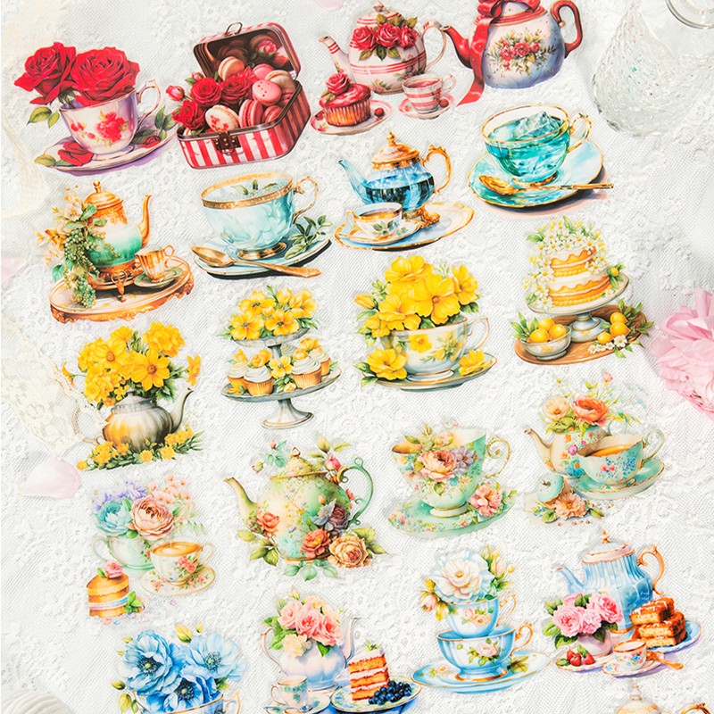 20 Pcs Scrapbook Journal Vintage Tea Set Sticker Set