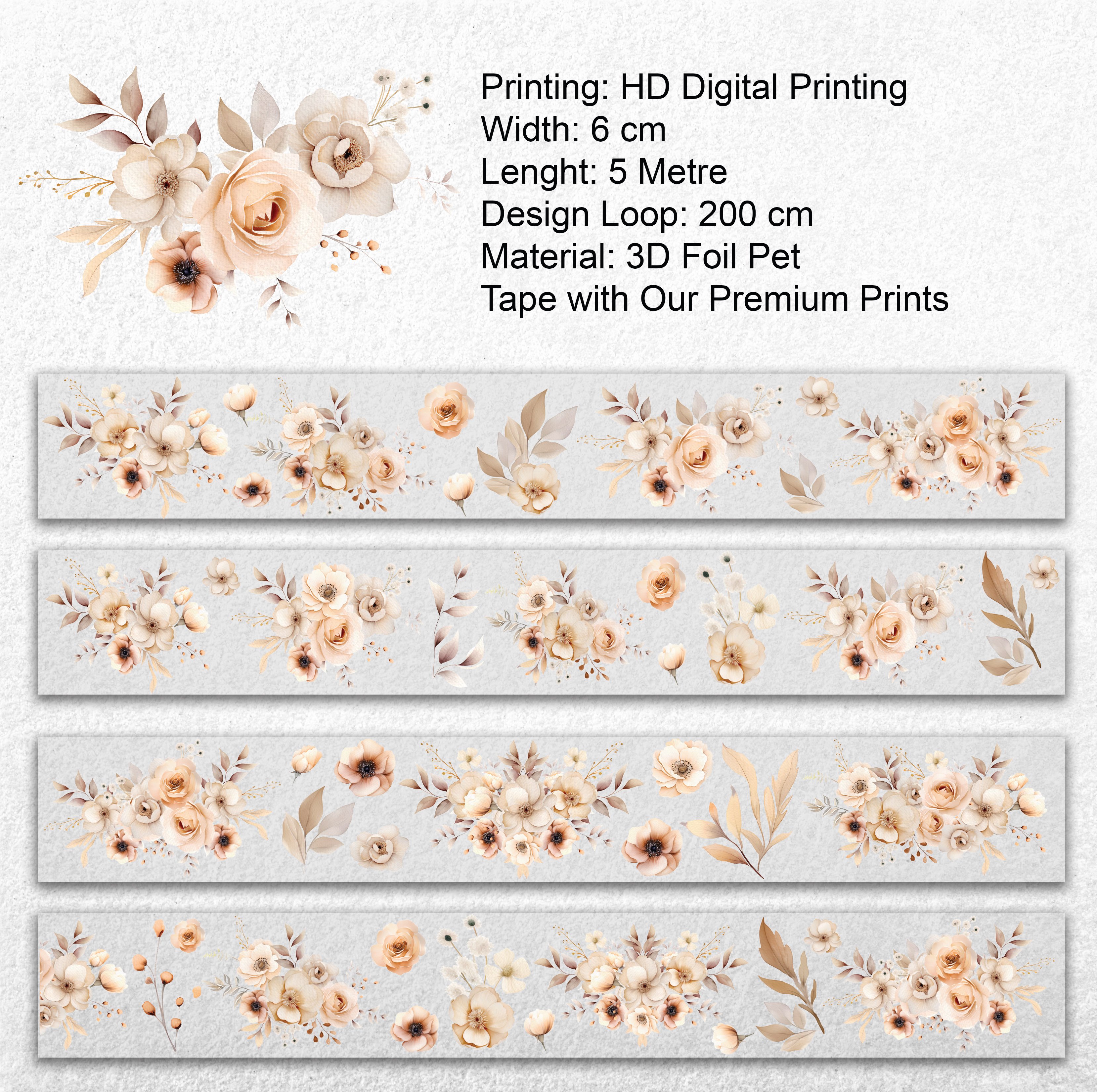 5 Meters Scrapbook Magic Beige Flowers Holo Gold Foil Tape