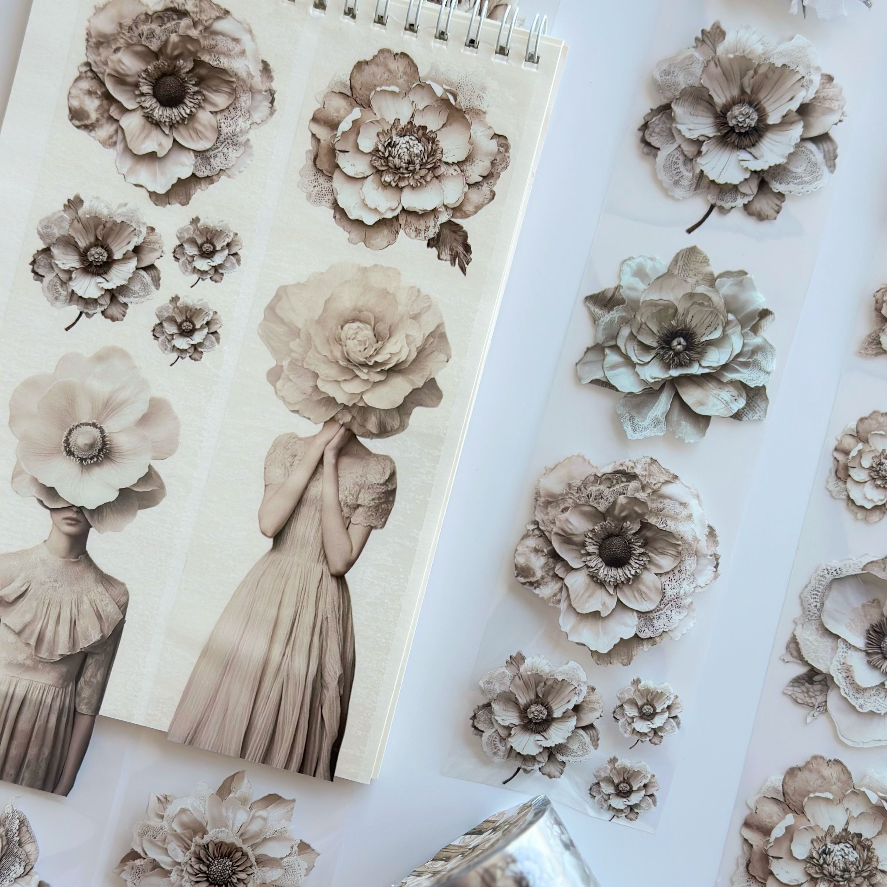 Tone of Silence Oil PET Tape – Neutral Floral Woman Sticker Roll – 6cm Minimal Aesthetic – SRP137
