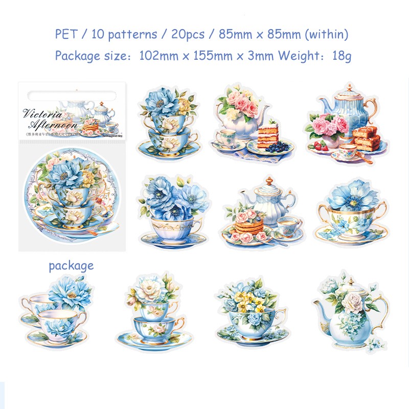 20 Pcs Scrapbook Journal Vintage Tea Set Sticker Set