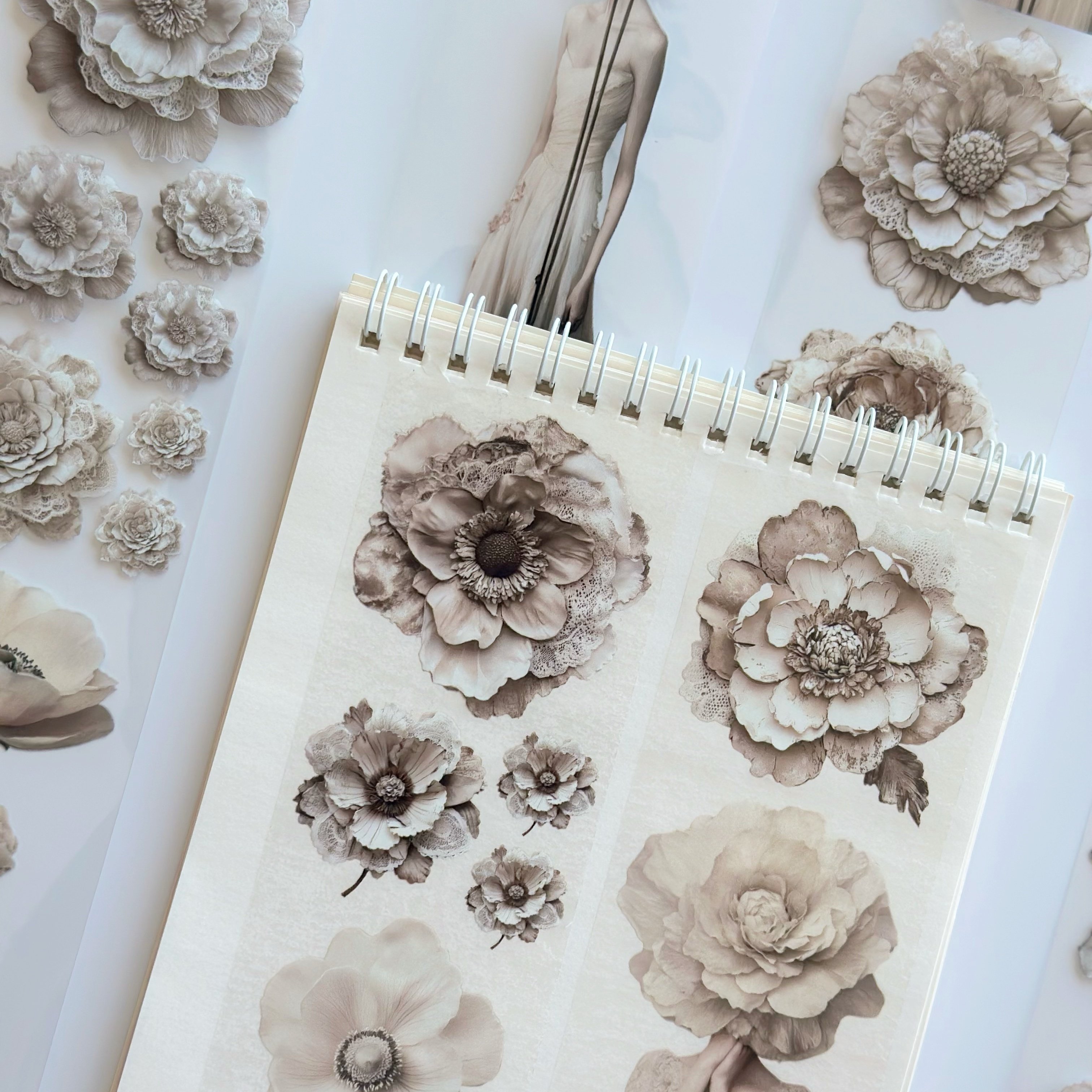 Tone of Silence Oil PET Tape – Neutral Floral Woman Sticker Roll – 6cm Minimal Aesthetic – SRP137